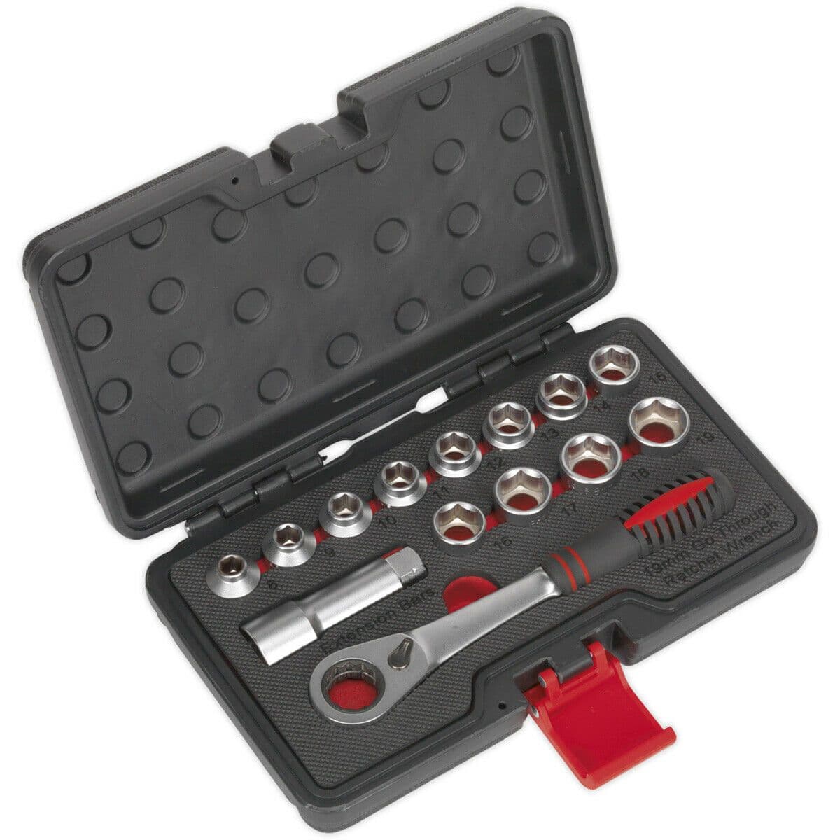14pc Low Profile GO THROUGH Socket Set 3 4" Metric Square Drive Ratchet Handle