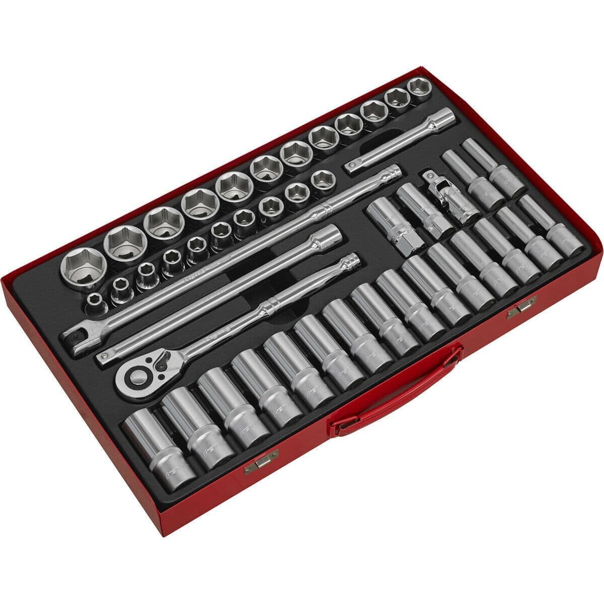 46 PACK Socket Set 1 2" Metric Square Drive 6 Point Socket Ratchet Handle