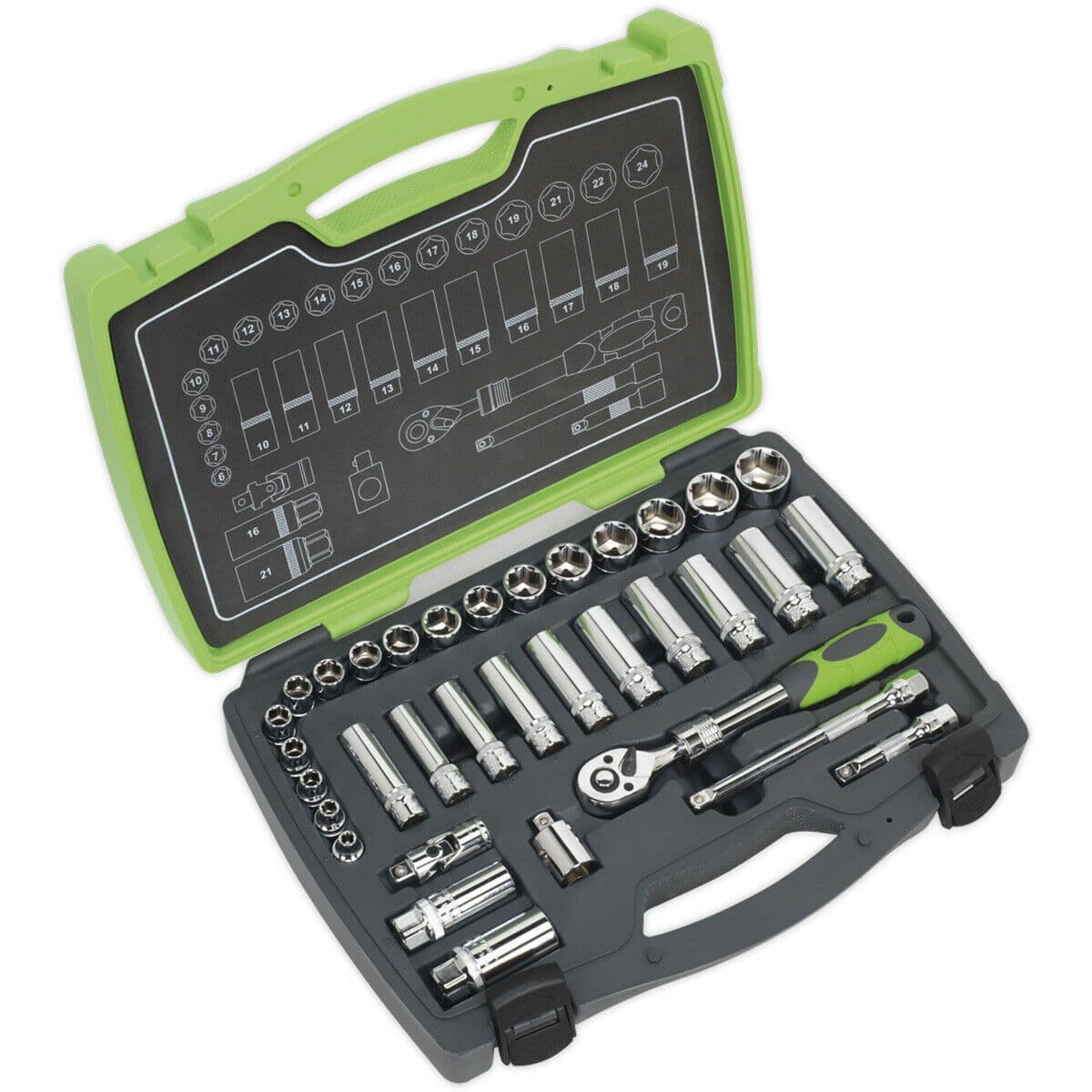 34pc PREMIUM Deep Socket & Ratchet Handle Set 3 8" Square Drive 6 Point Metric
