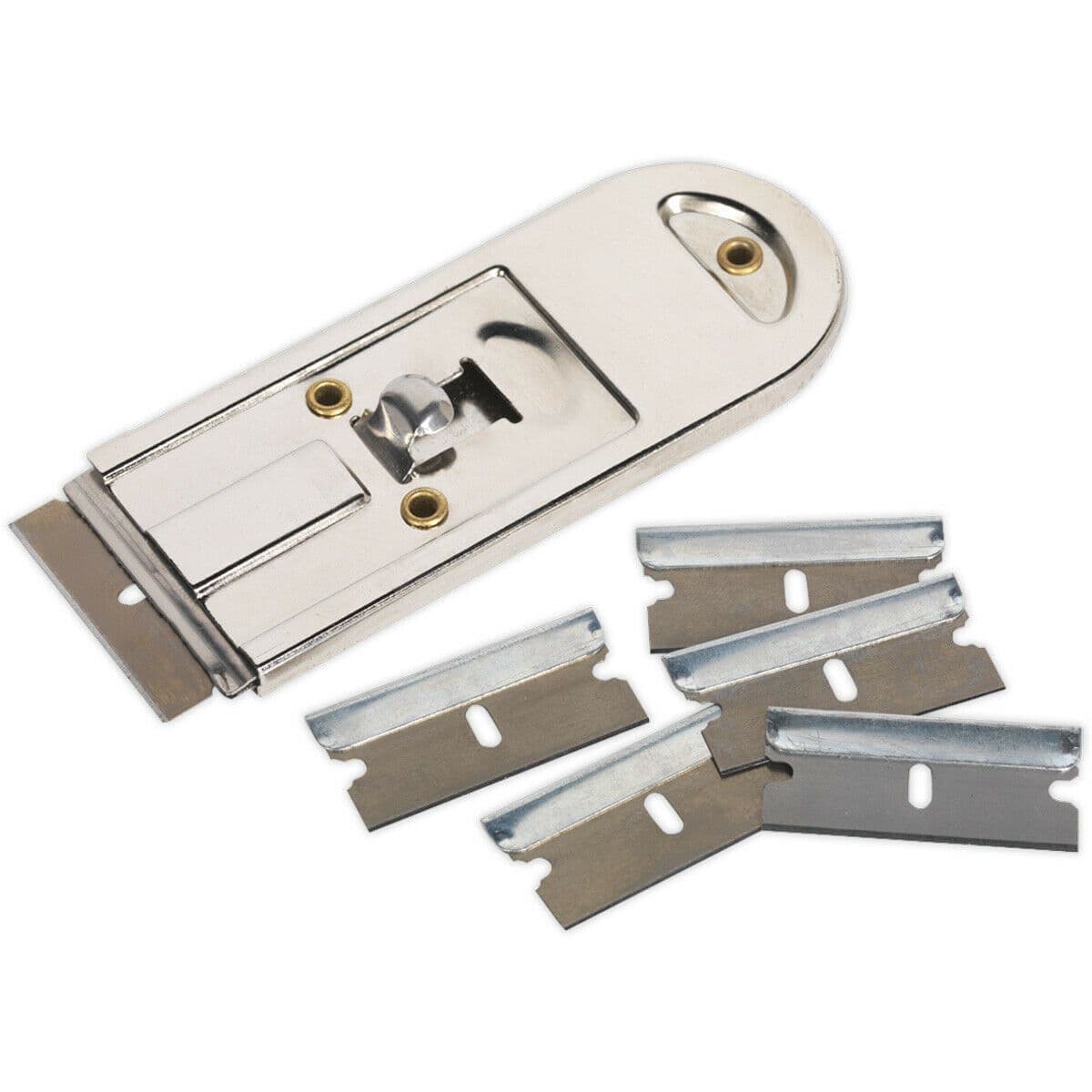 Chrome Plated Retracting Razor Scraper - 5 Spare Blades - Glass / Metal Scraper