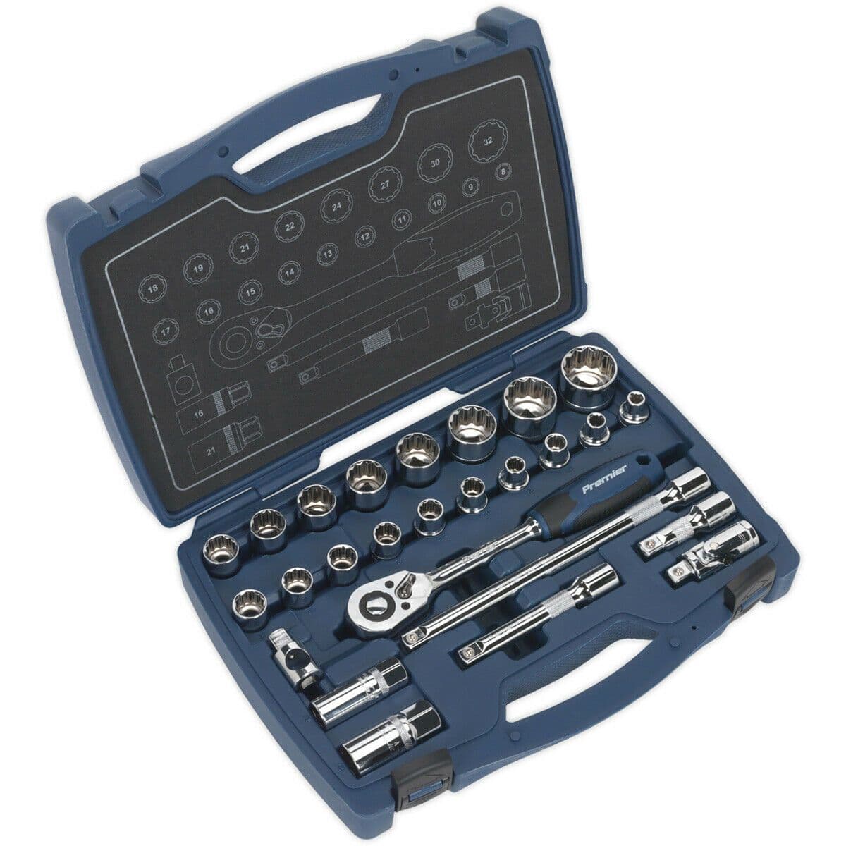 26pc PREMIUM Deep Socket & Ratchet Handle Set 1/2" Square Drive 12 Point Metric