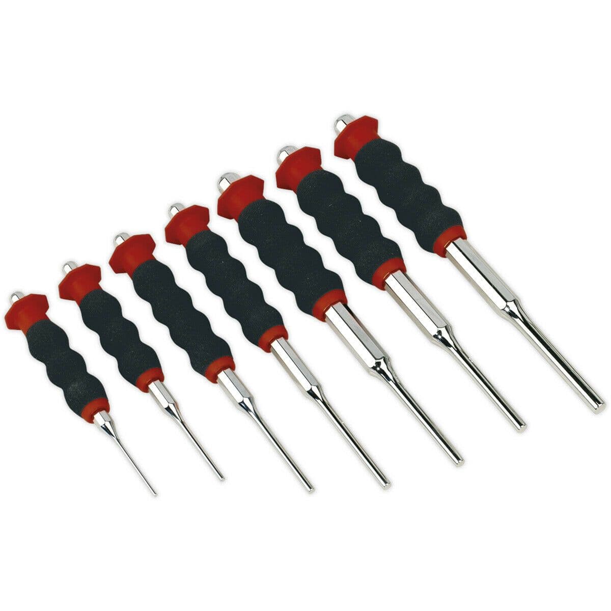7 Piece Sheathed Parallel Pin Punch Set Contoured Foam Grip Chromoly Steel