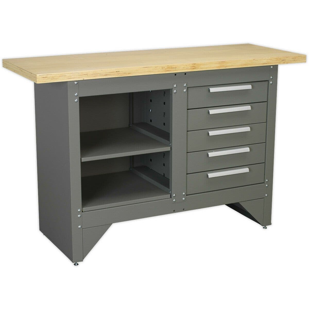 Heavy Duty Steel Workbench Shelf & 5 Draw Storage Wooden Work Top Station