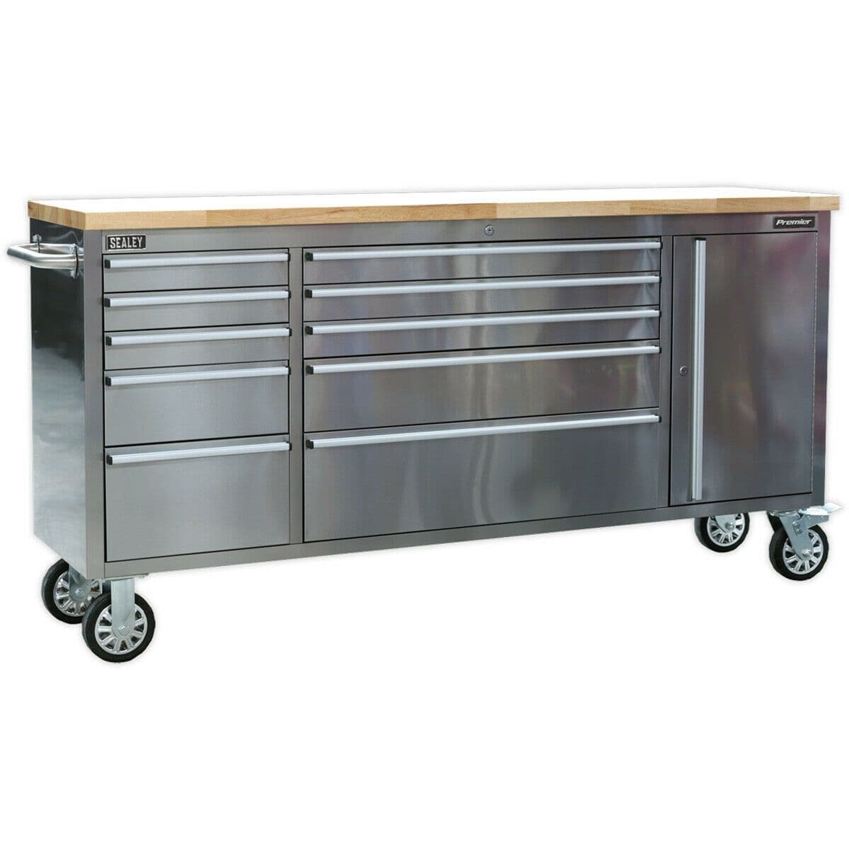 1990 x 490 x 950mm Mobile STAINLESS STEEL Tool Cabinet 10 Drawer & Cupboard