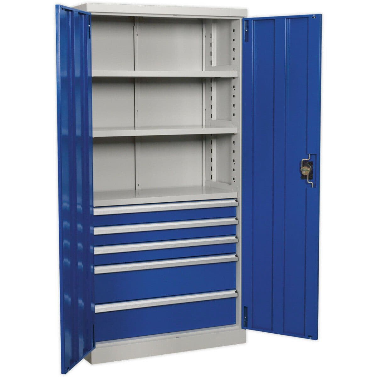 1800mm Double Door Industrial Cabinet 5 Drawers & 3 Shelves 3 Point Lock