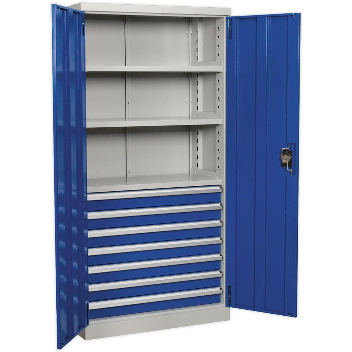 1800mm Double Door Industrial Cabinet 7 Drawers & 3 Shelves 3 Point Lock