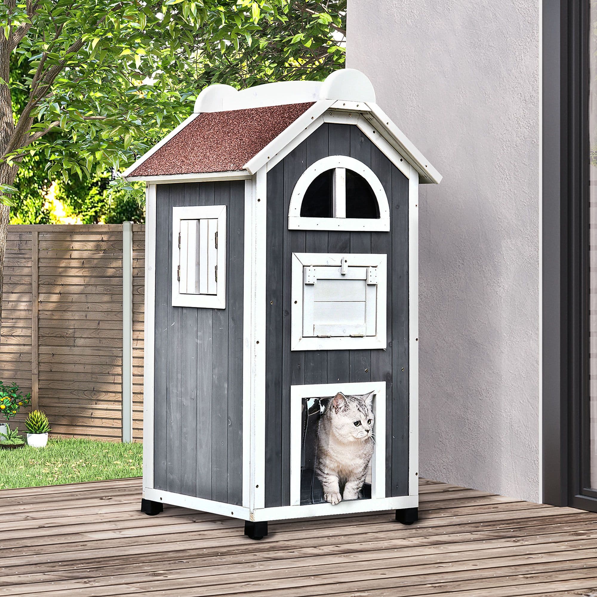 Solid Wood Cat Furniture 2-Floor Pet Shelter, Grey and White, 109H cm