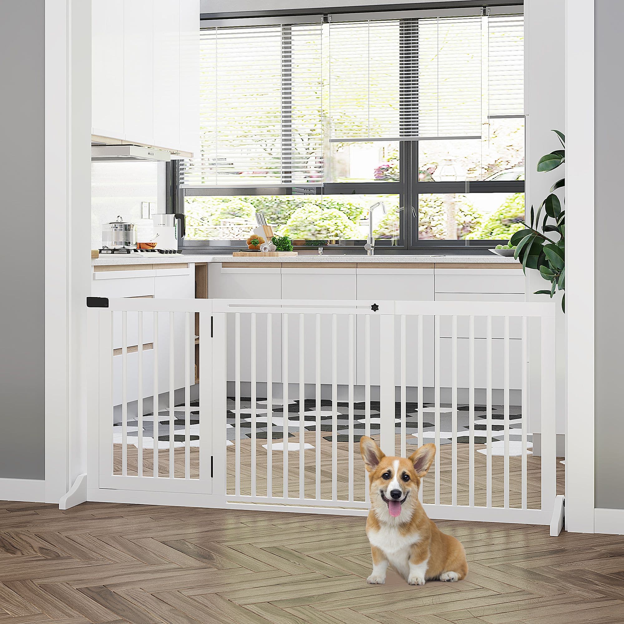 Freestanding Length Adjustable Wooden Pet Gate with Lockable Door