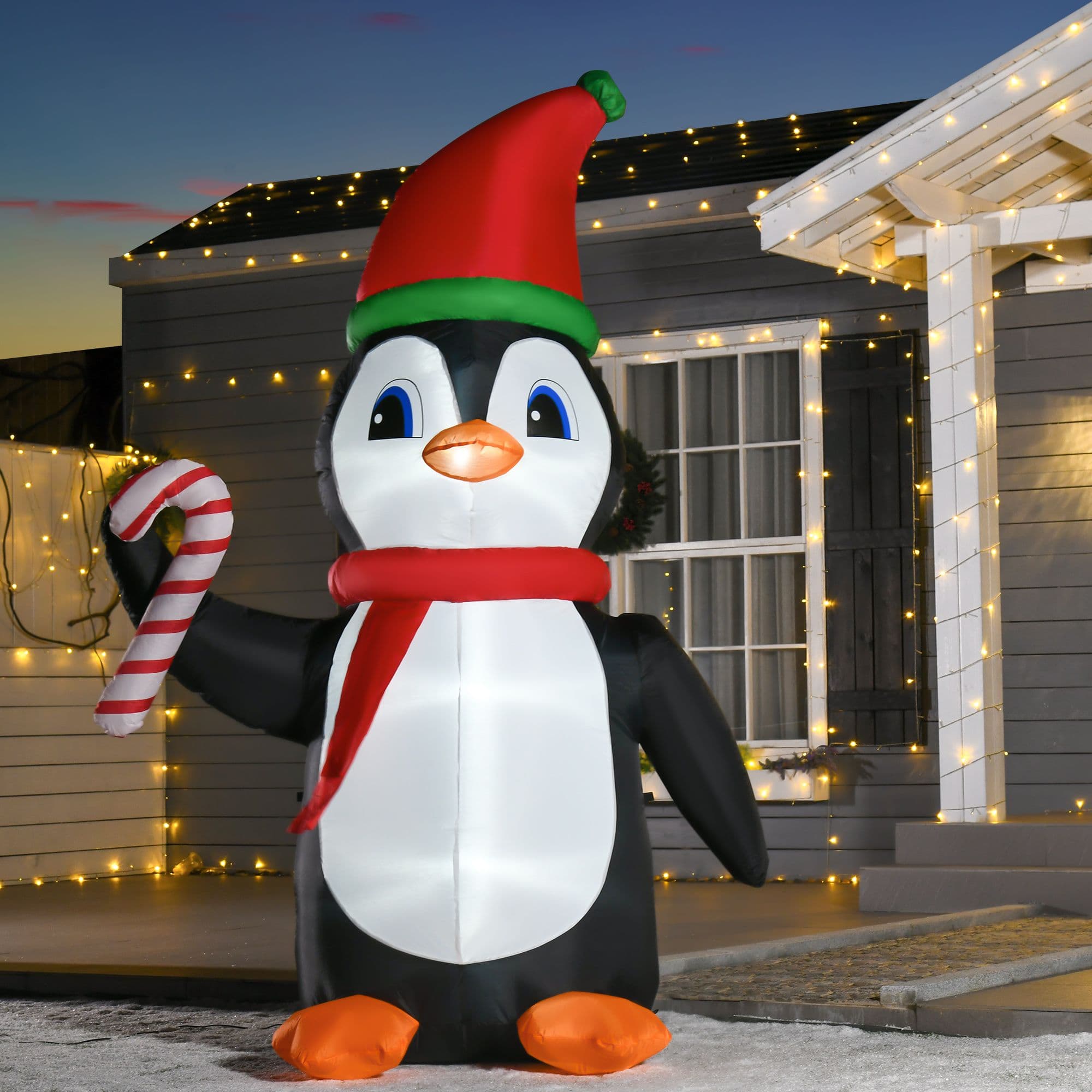 8ft Inflatable Christmas Penguin Holding Candy Cane Built-in LED