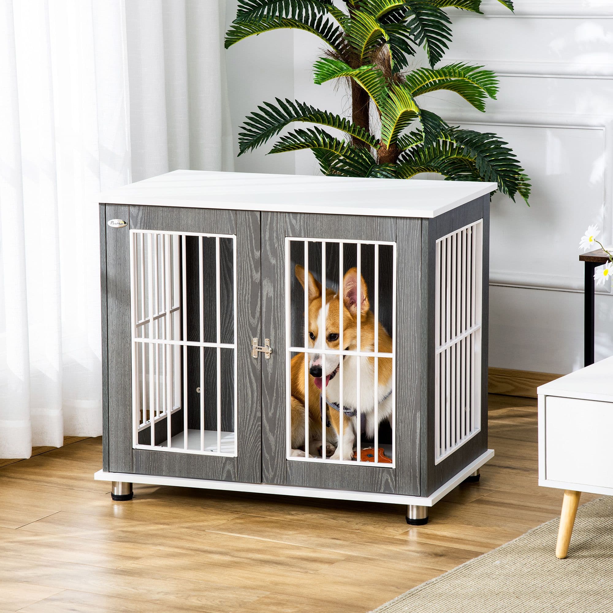 Modern Dog Crate Pet Kennel Cage End Table Lockable door,Grey & White