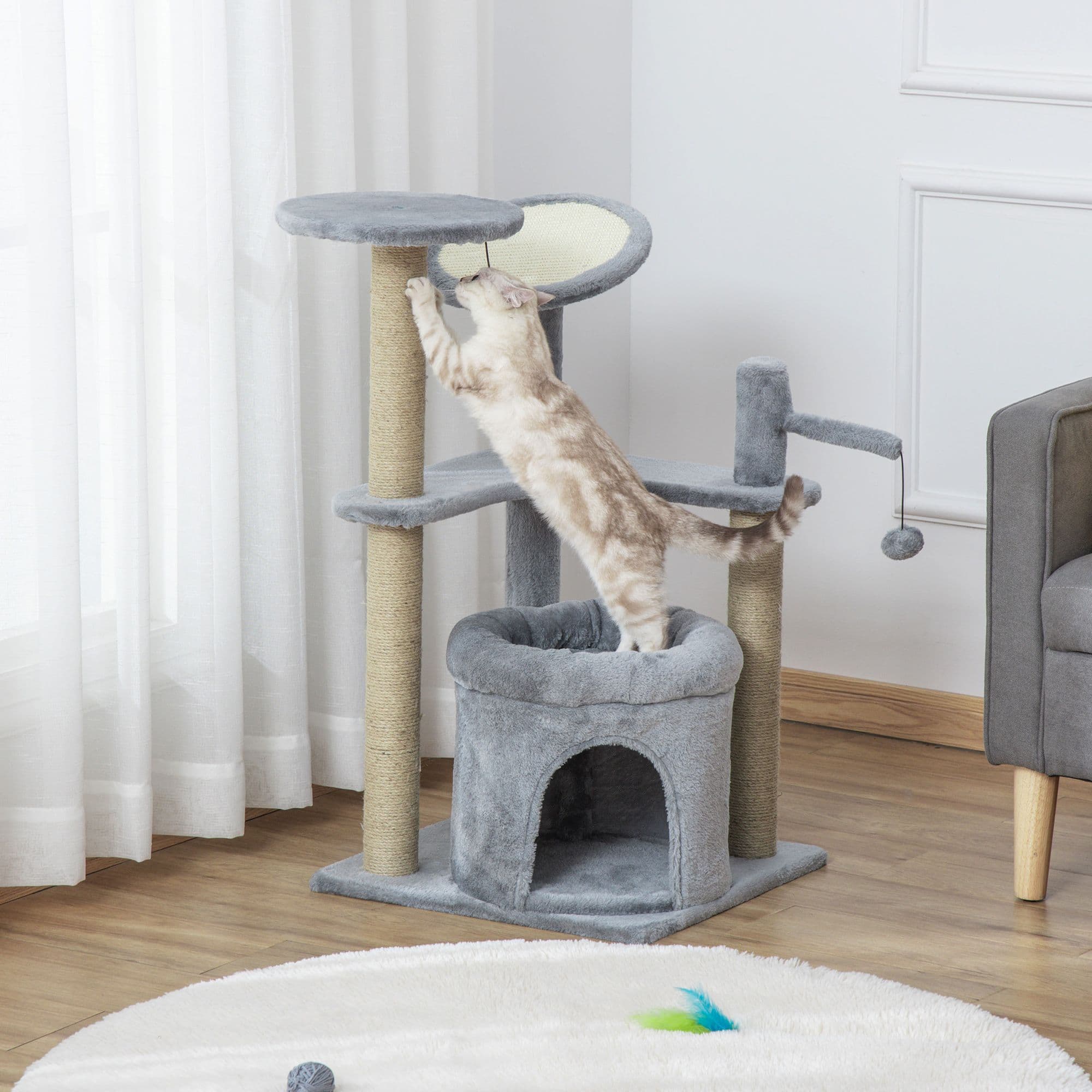 87 cm Cat Tree Tower with Scratching Post, Condo Bed Perch Ball Toy