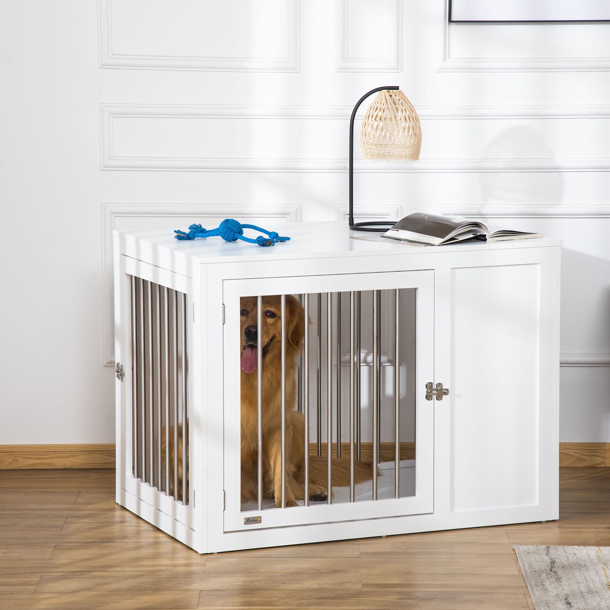 Dog Crate Pet Cage End Table with Two Doors for Medium Large Dog, White