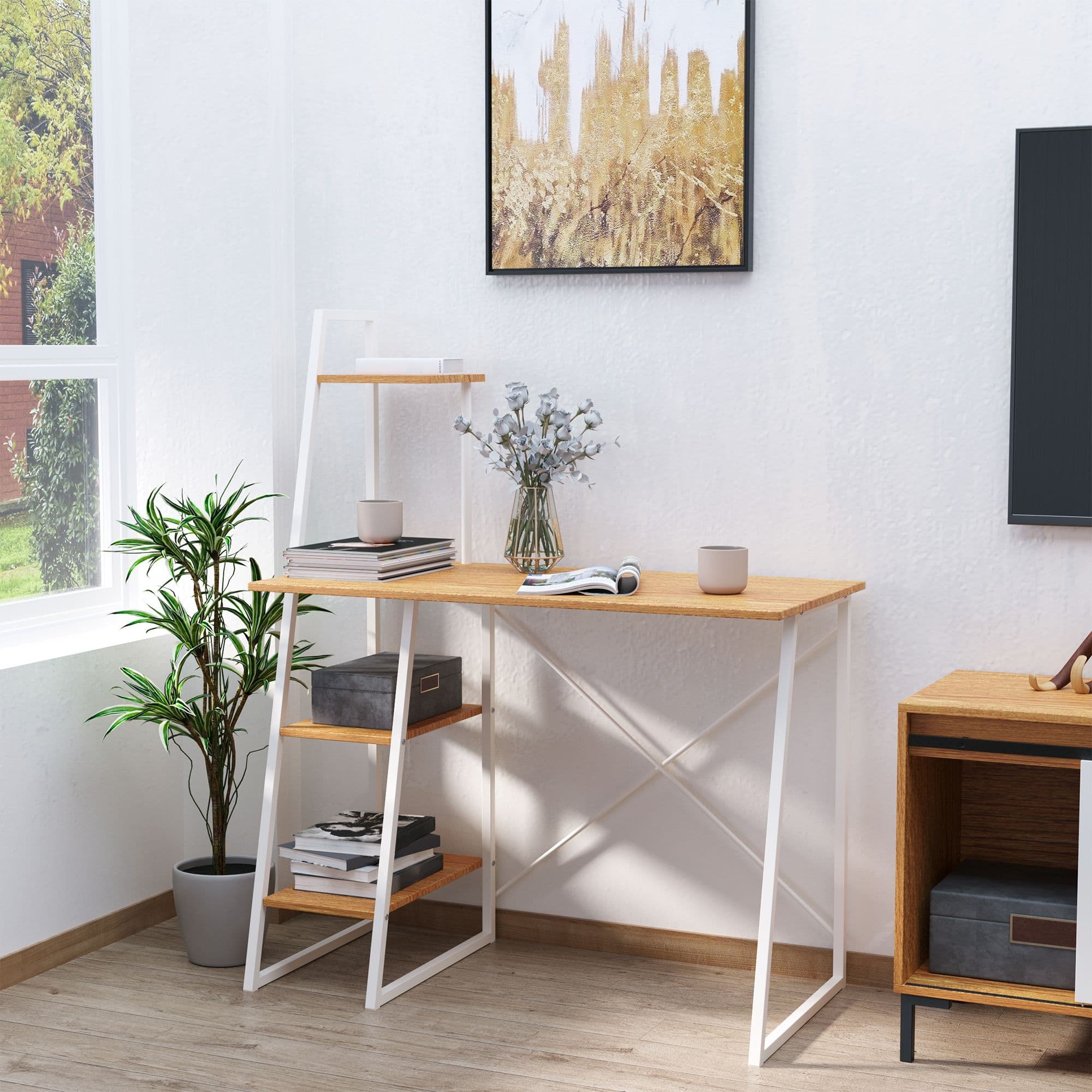 Home Office Computer Desk Study Writing Table with 3-Tier Storage Shelves