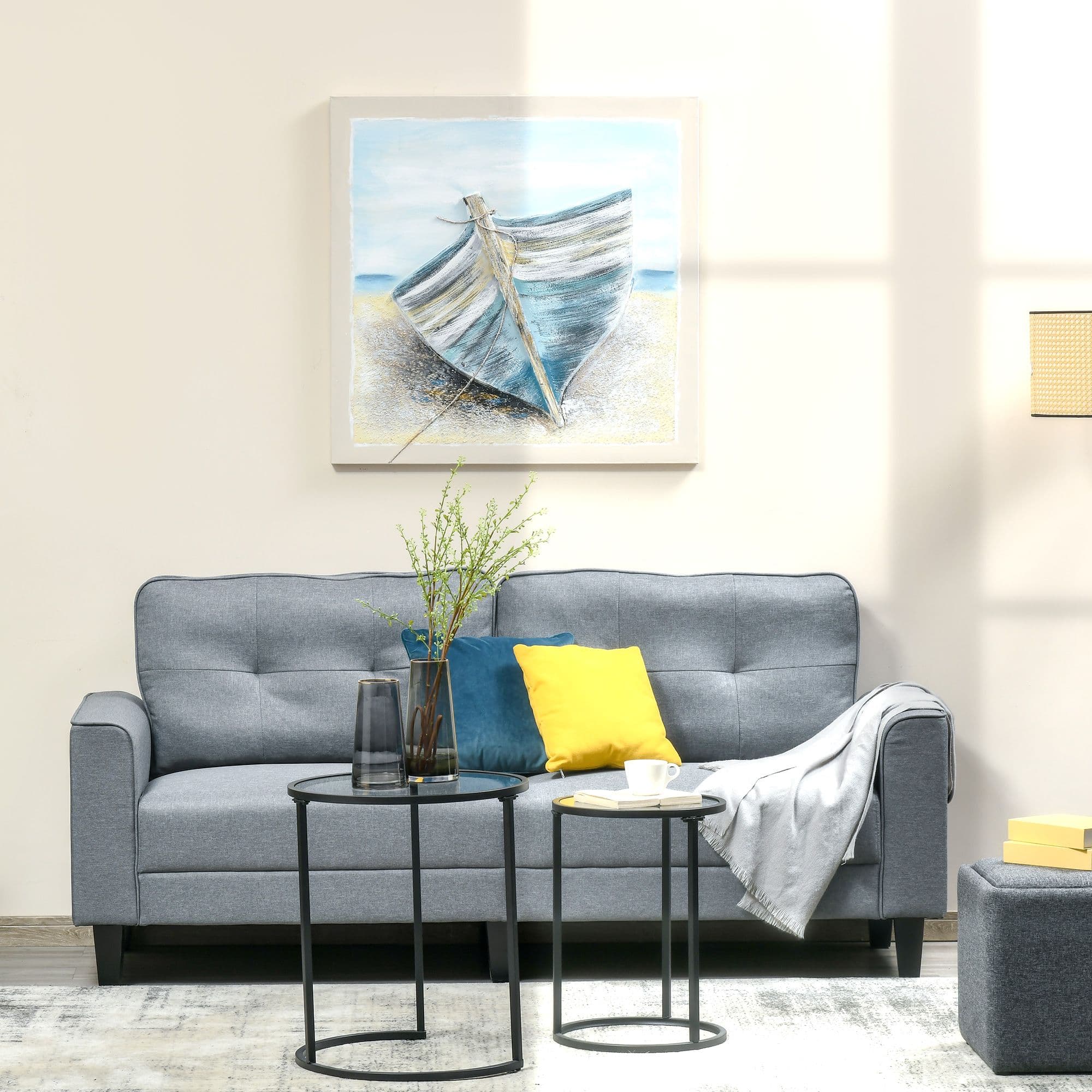 Hand-Painted Wall Art, Canvas Painting Beach Boat for Living Room, 90 x 90 cm