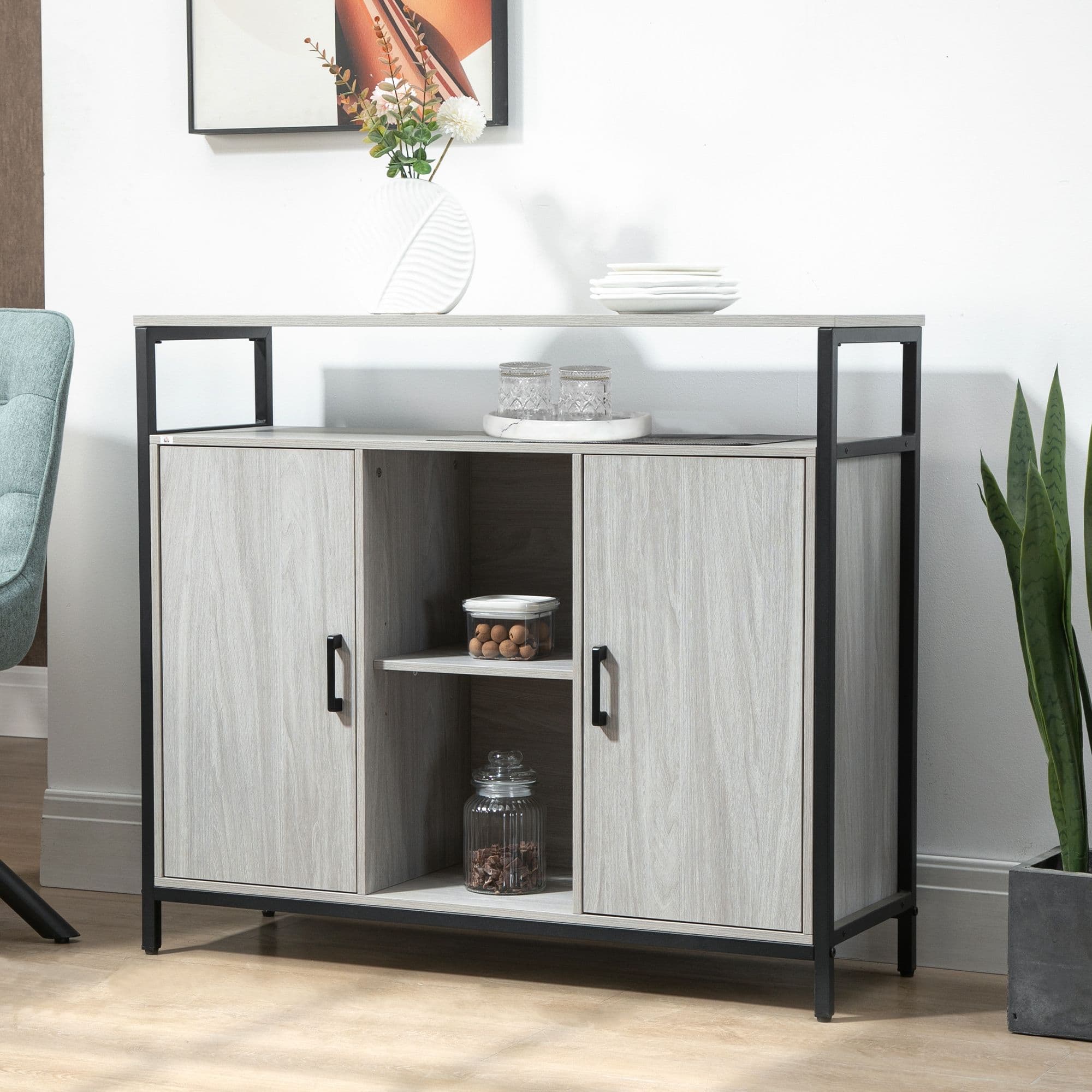 Modern Sideboard Storage Cabinet with Adjustable Shelves Steel Frame
