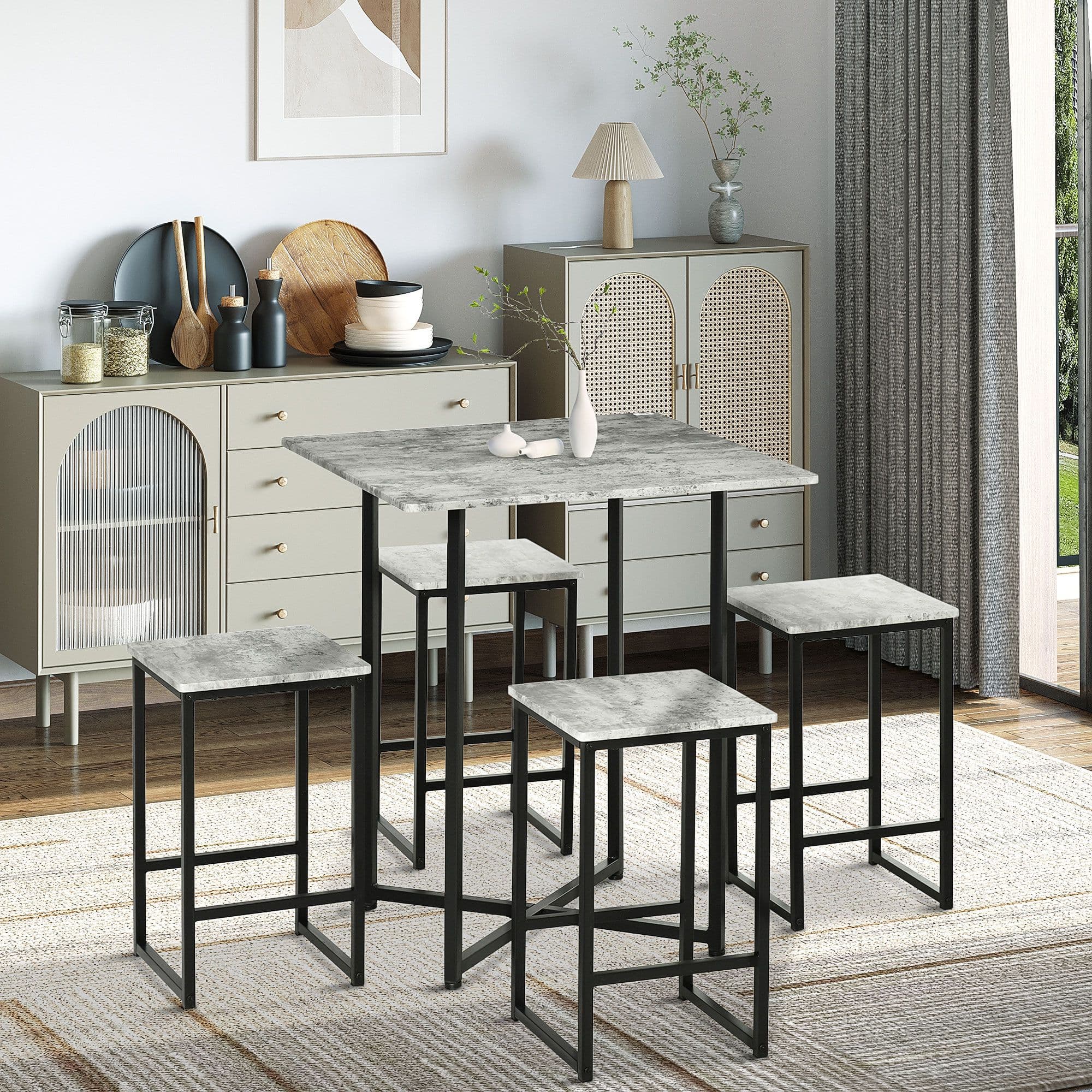 Square Bar Table with Stools Concrete Effect Kitchen Table Set