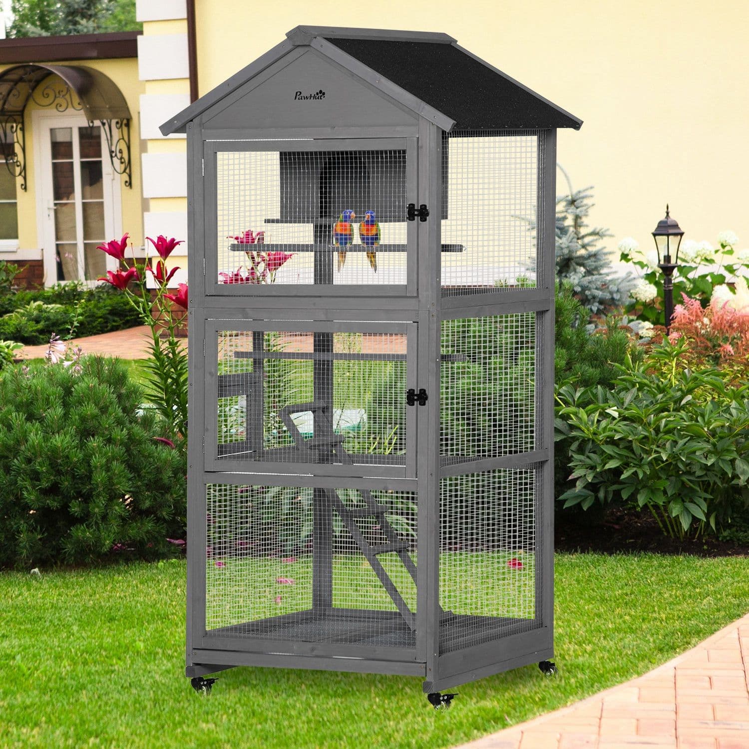 Bird Cage Mobile Wooden Aviary House with Wheel Perch Nest Ladder