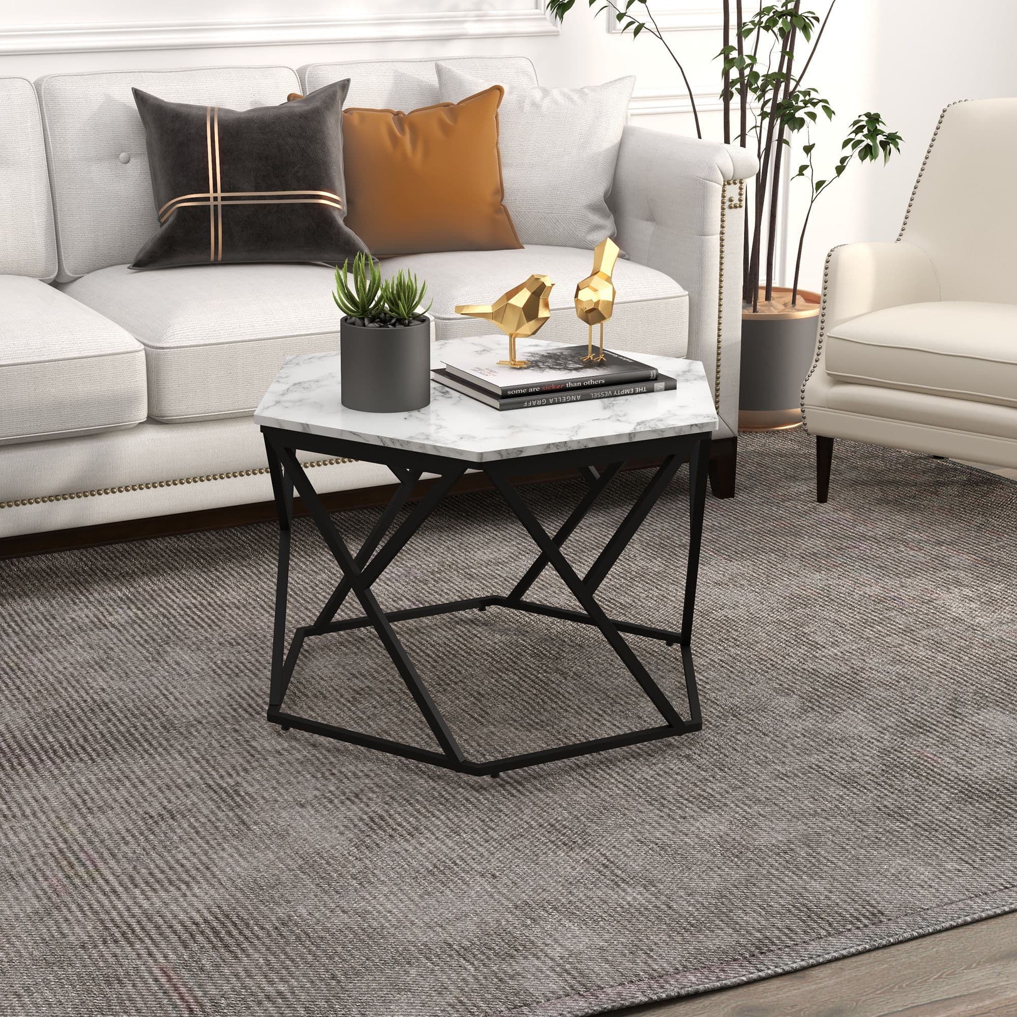 Modern Coffee Table with High Gloss Marble Effect Tabletop Steel Frame White