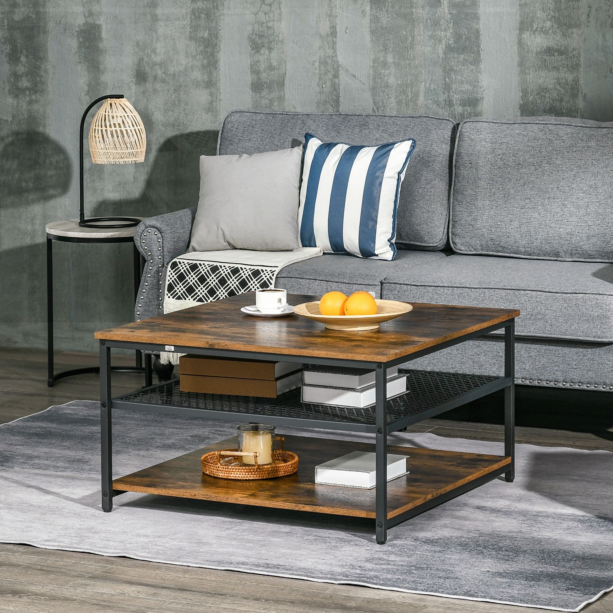 Industrial Coffee Table Centre Table with 3-Tier Storage Shelves