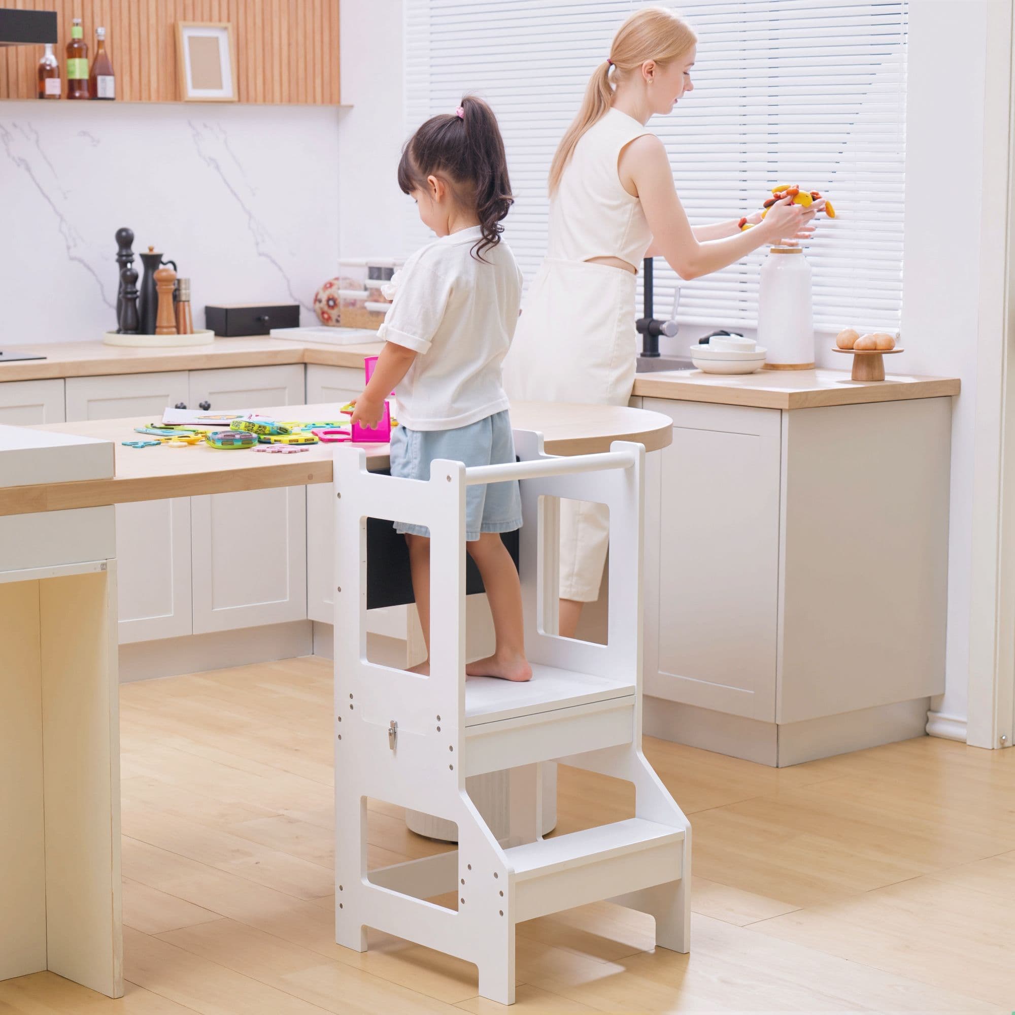 2-in-1 Kids Kitchen Step Stool Table Chair Set W/ Safety Rail Chalkboard, White