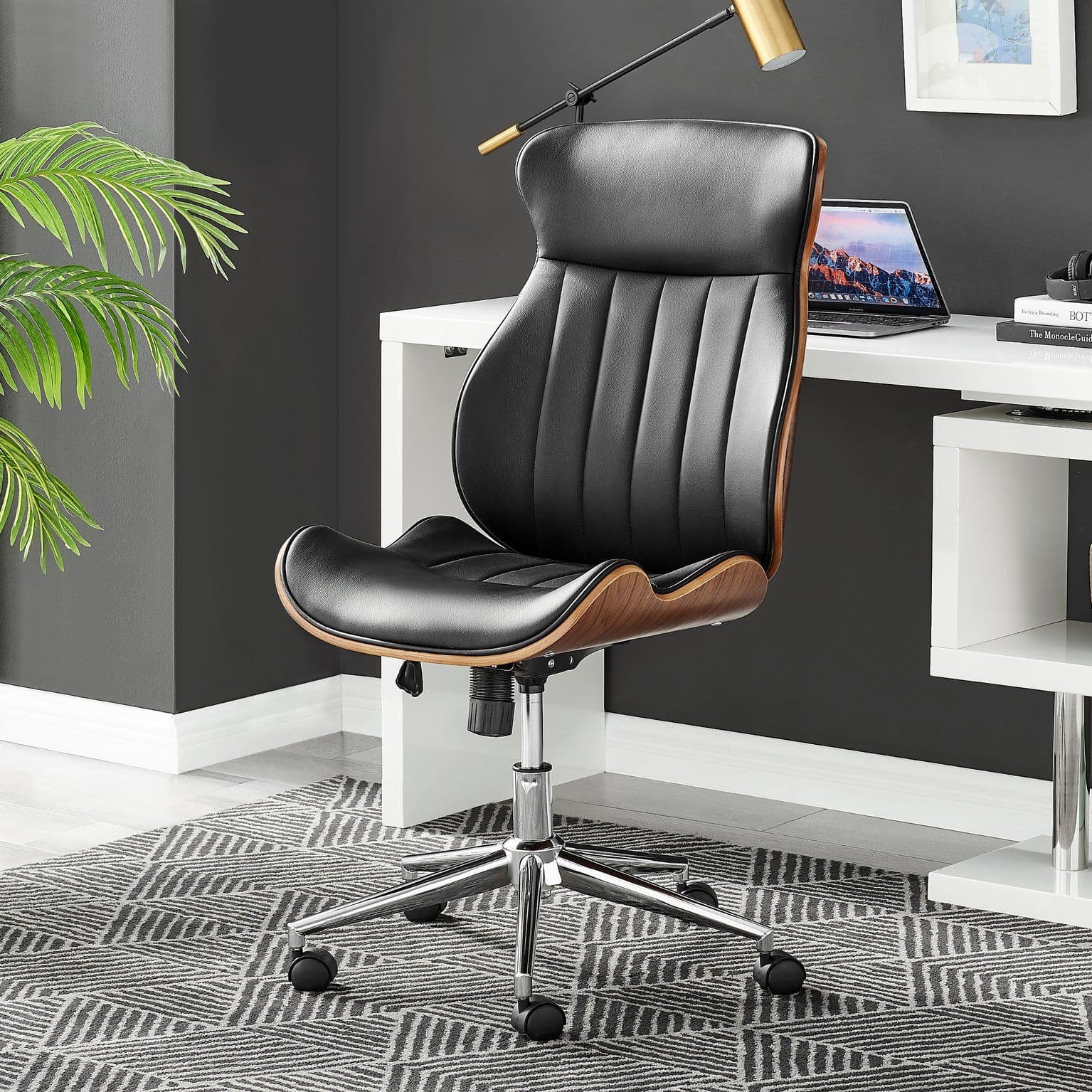 Parker Faux Leather Moulded Wooden Back Mid Century Computer Desk Office Gaming Wheeled Adjustable Swivel Chair