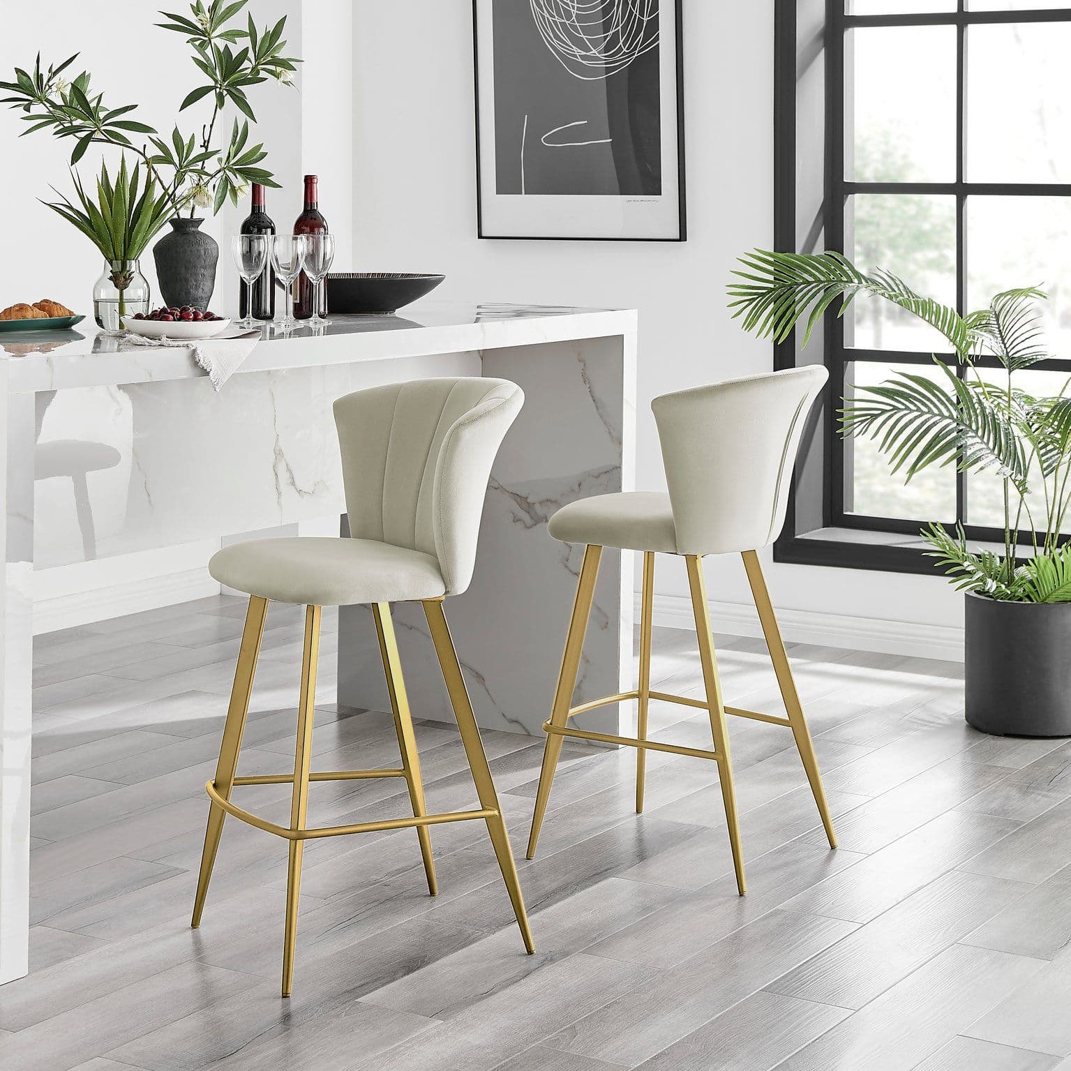 Set 2 Juniper Soft Touch Velvet Fluted Art Deco Bar Stools Chrome Metal Legs
