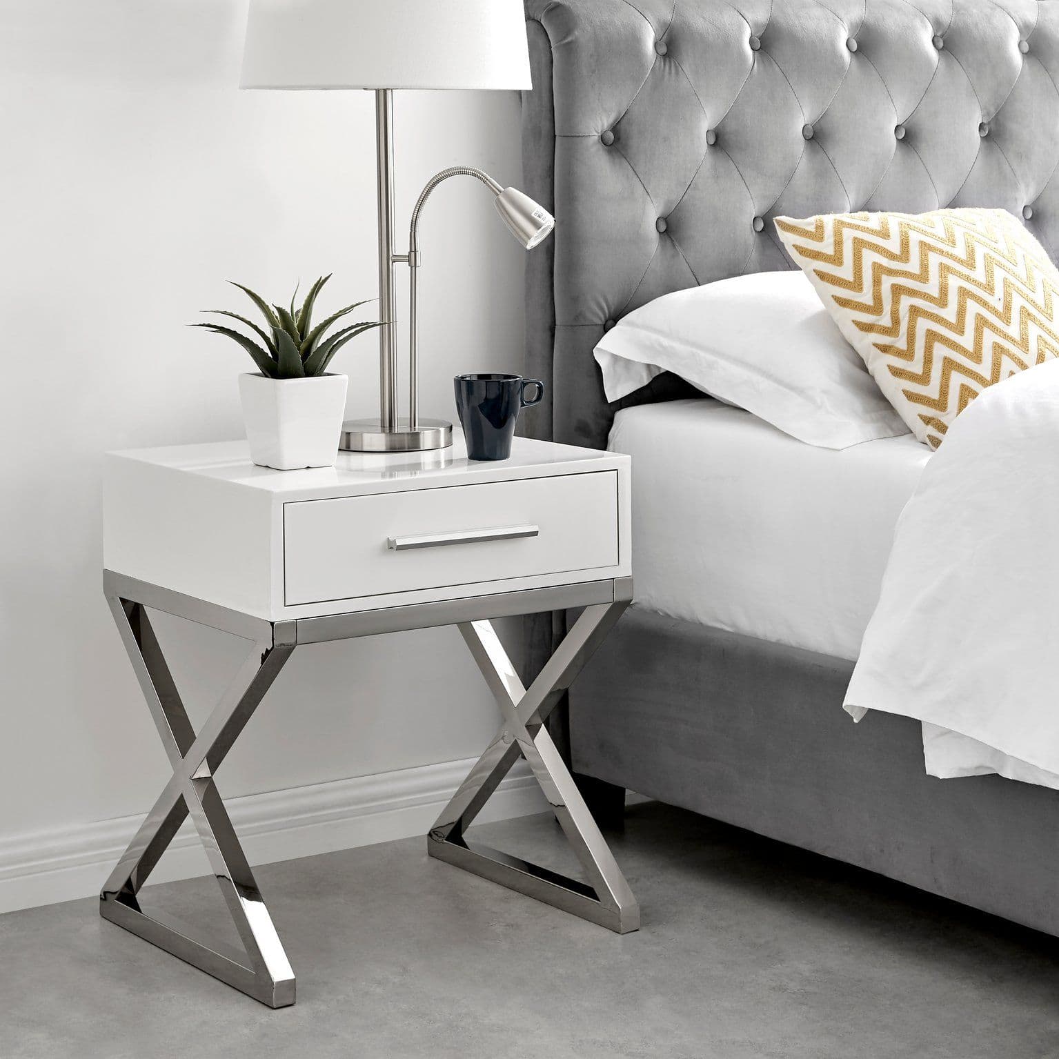 Oxford High Gloss Contemporary Bedside Table Single Drawer Silver Chrome Legs