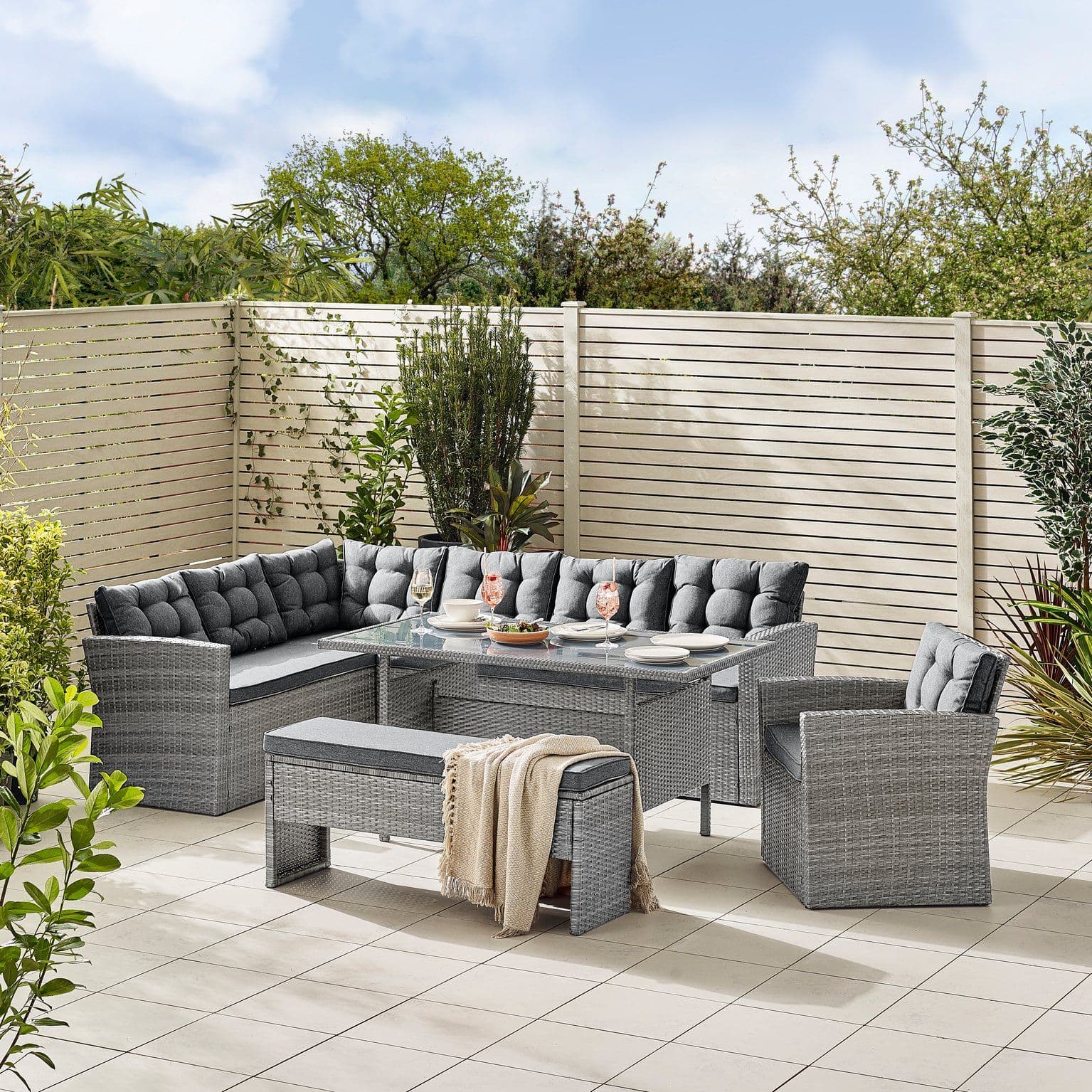 Marbella Textured Rattan Garden Dining Set Cushions 9 Seat Outdoor Sofa Glass Table Top 145x80cm