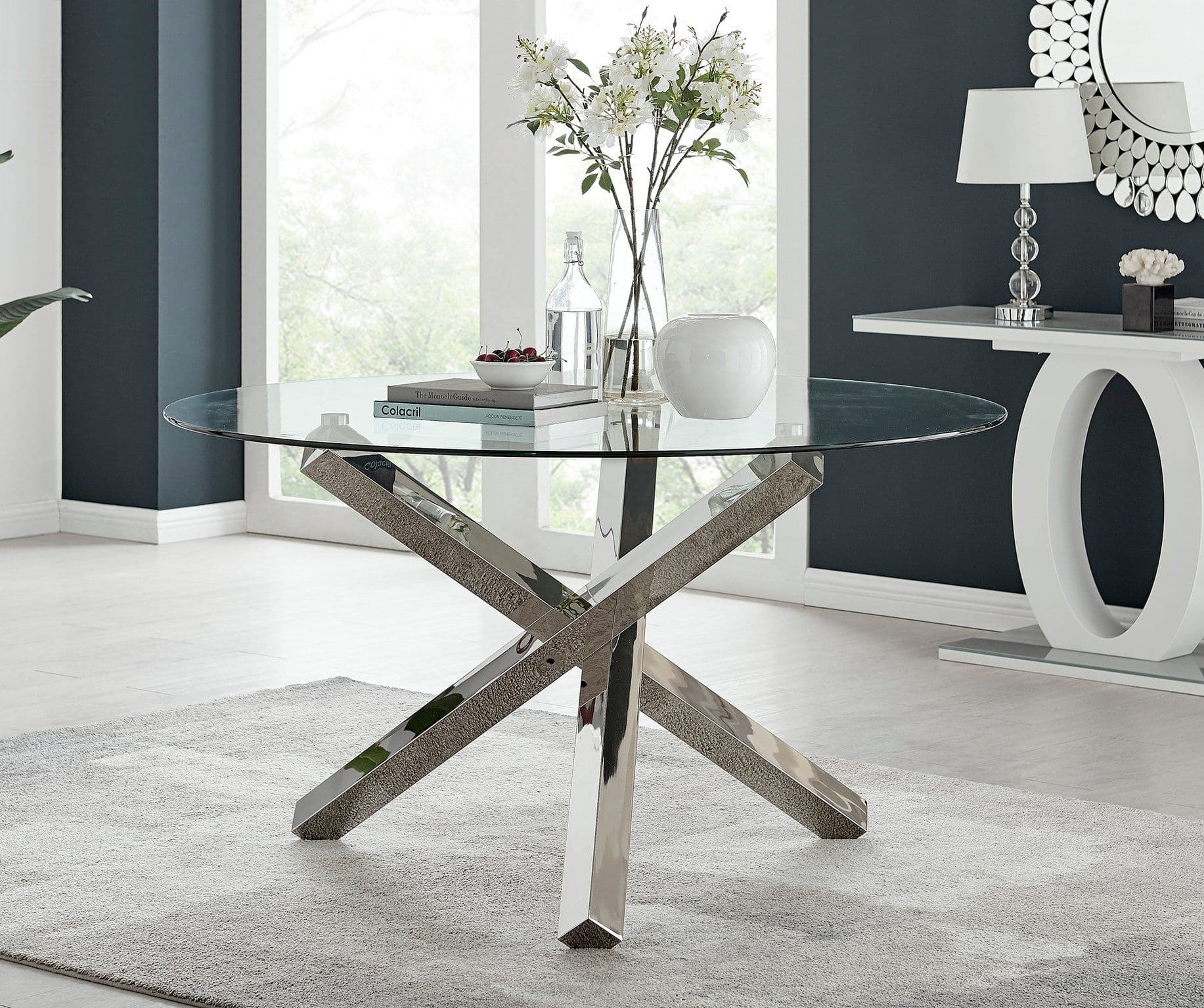 Vogue 136cm Large Round 6 Seater Chrome Metal & Clear Glass Dining Table