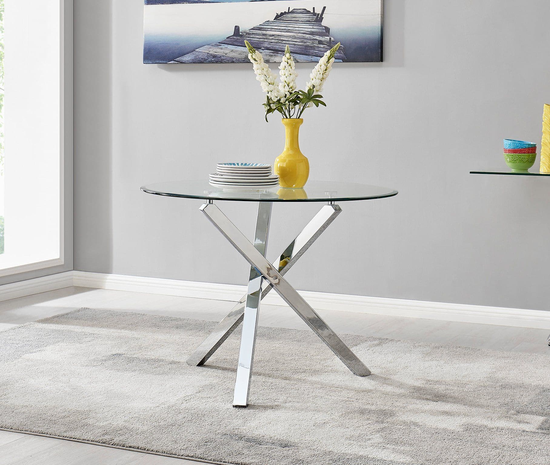 Selina 100cm 4 Seater Striking Round Glass & Chrome Dining Table Square Legs