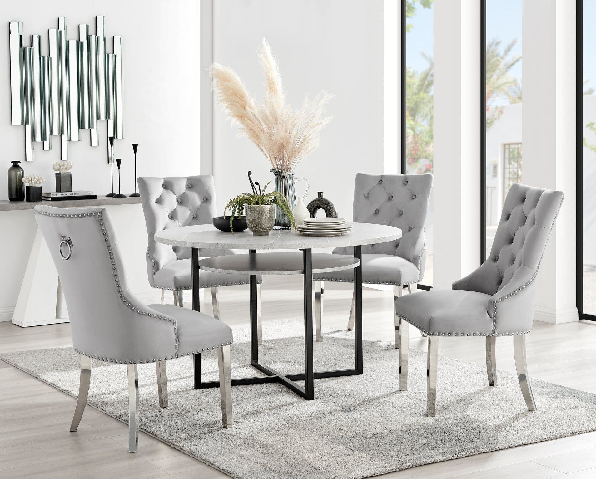 Adley Concrete Effect Round Dining Table & 4 Belgravia Velvet Chairs