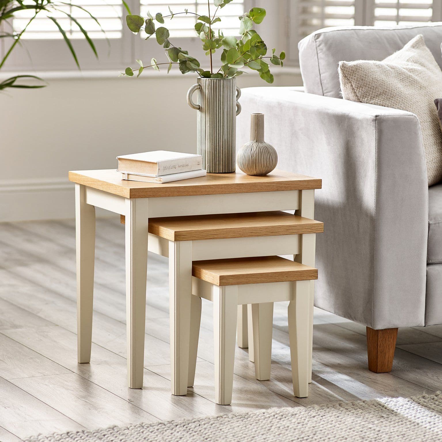 Set 3 Wooden Nesting Tables Eden Solid Wood Nested Tables Pale Oak Stain Tops Legs Modern Farmhouse Traditional Living Room Furniture