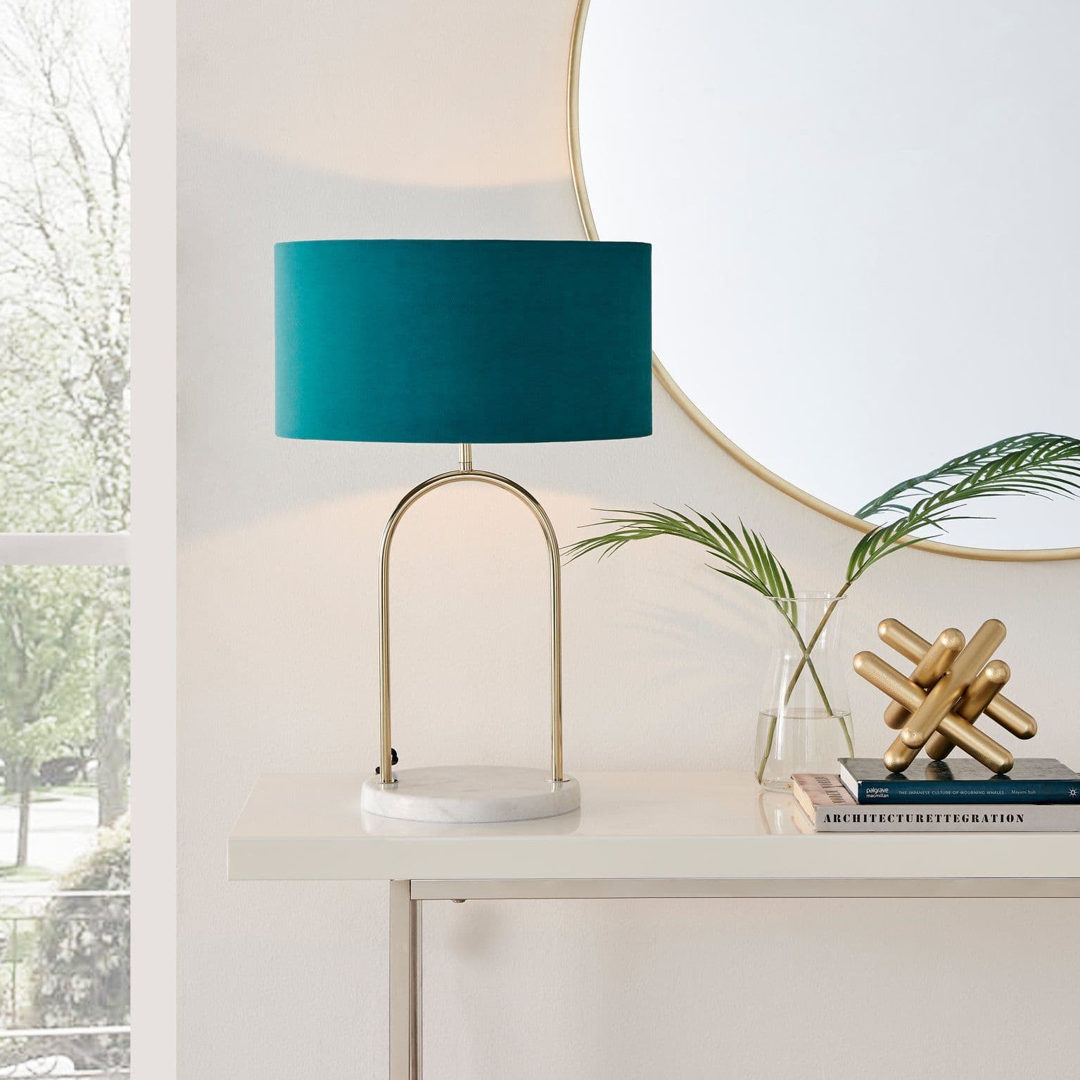 Danielle Art Deco Table Lamp Brass Plate Velvet Shade Marble Base