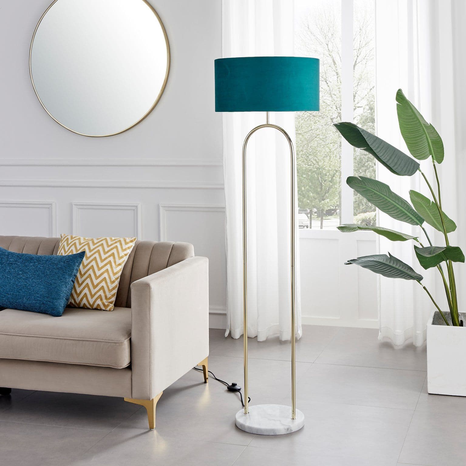 Danielle Art Deco Floor Lamp Brass Plate Velvet Shade Marble Base