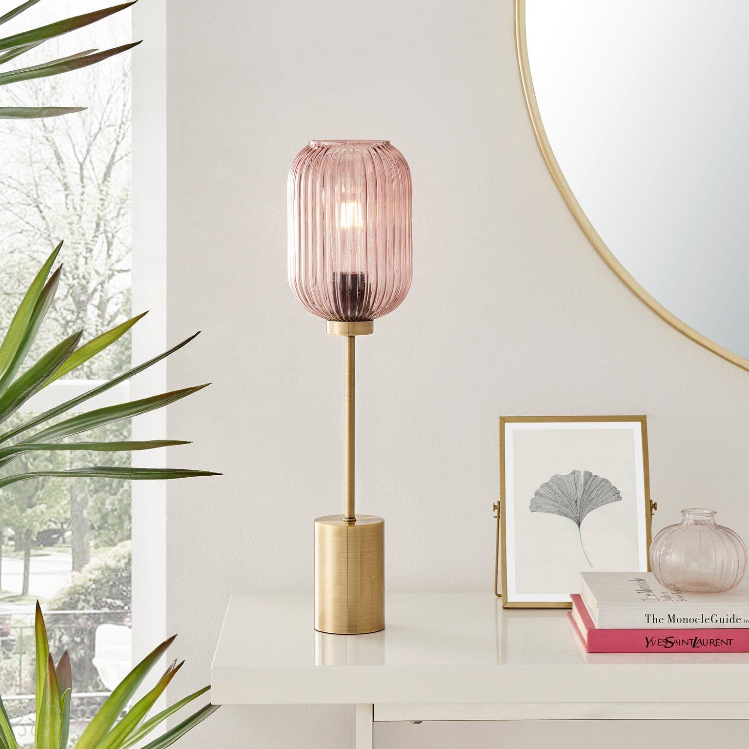 Coral Brass Plated Retro Table Lamp Glass Shade
