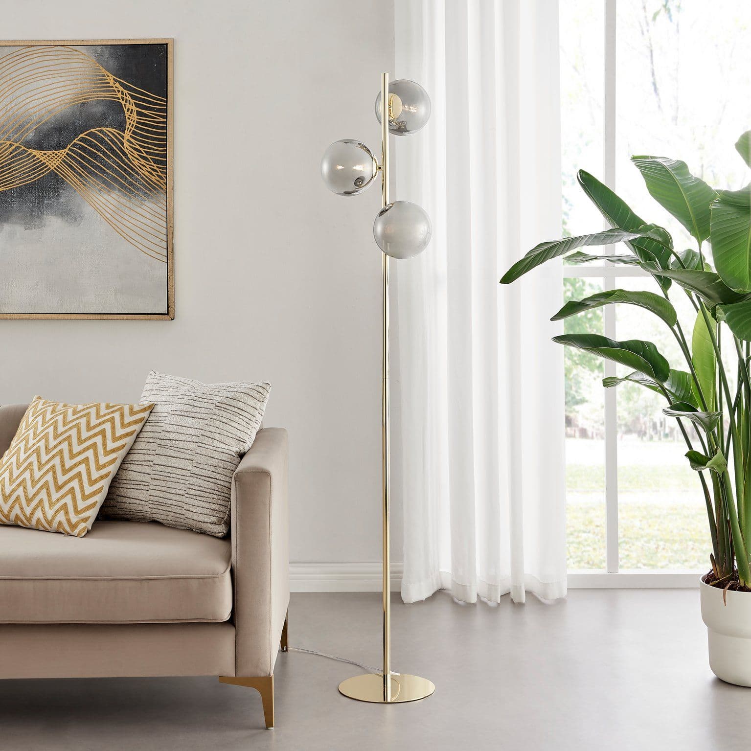 Lazio Brass Plated Art Deco Tree Floor Lamp 3 Smoked Glass Globes