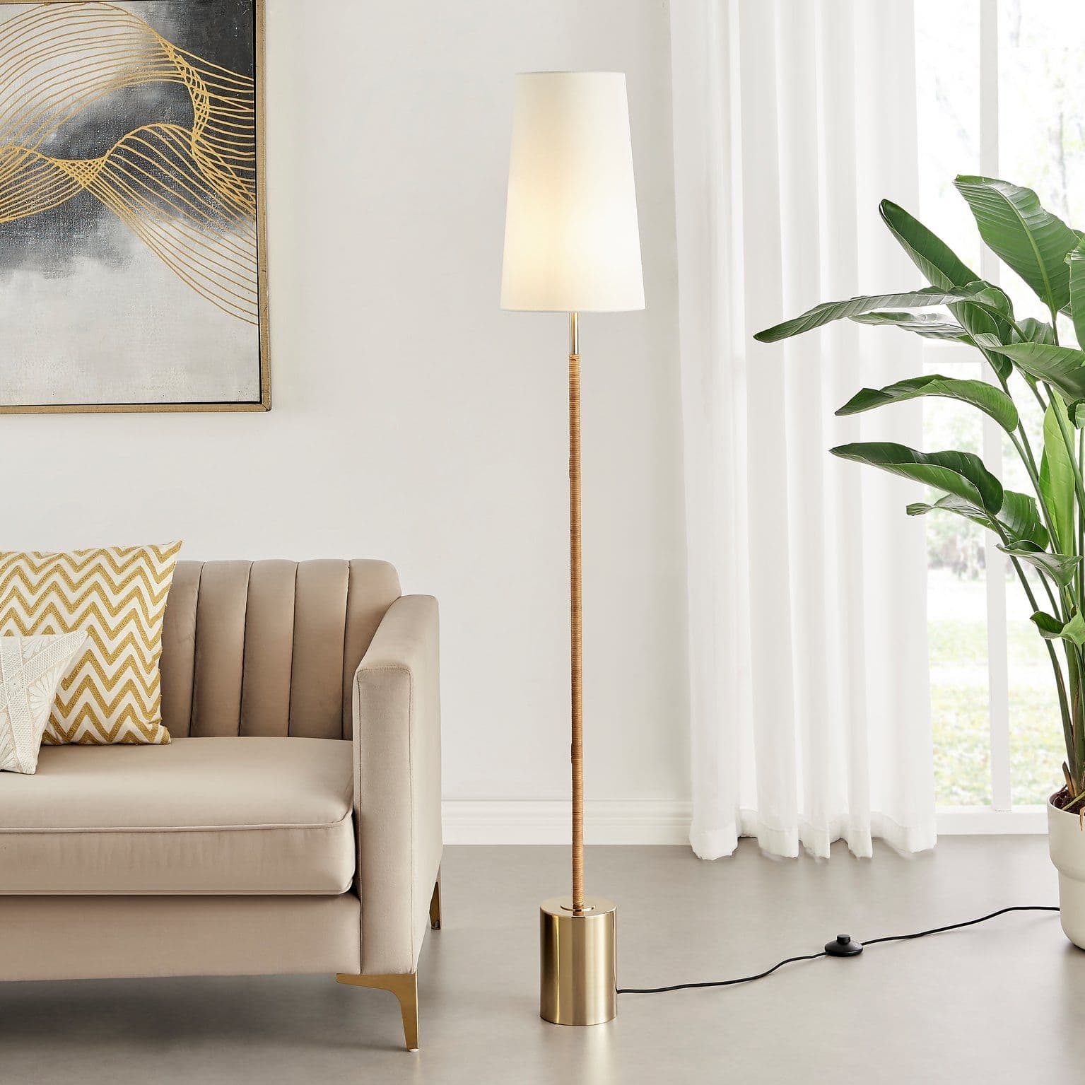 Astrid Boho Rattan Floor Lamp Shade Brass Base