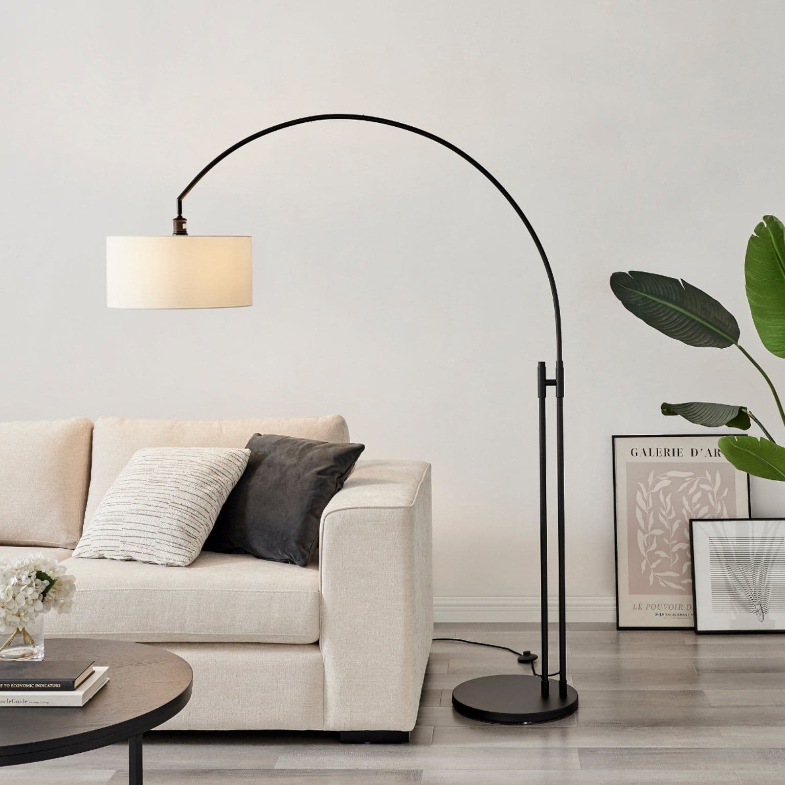 Lucinda Matt Art Deco Arc Floor Lamp White Shade Brass Accents