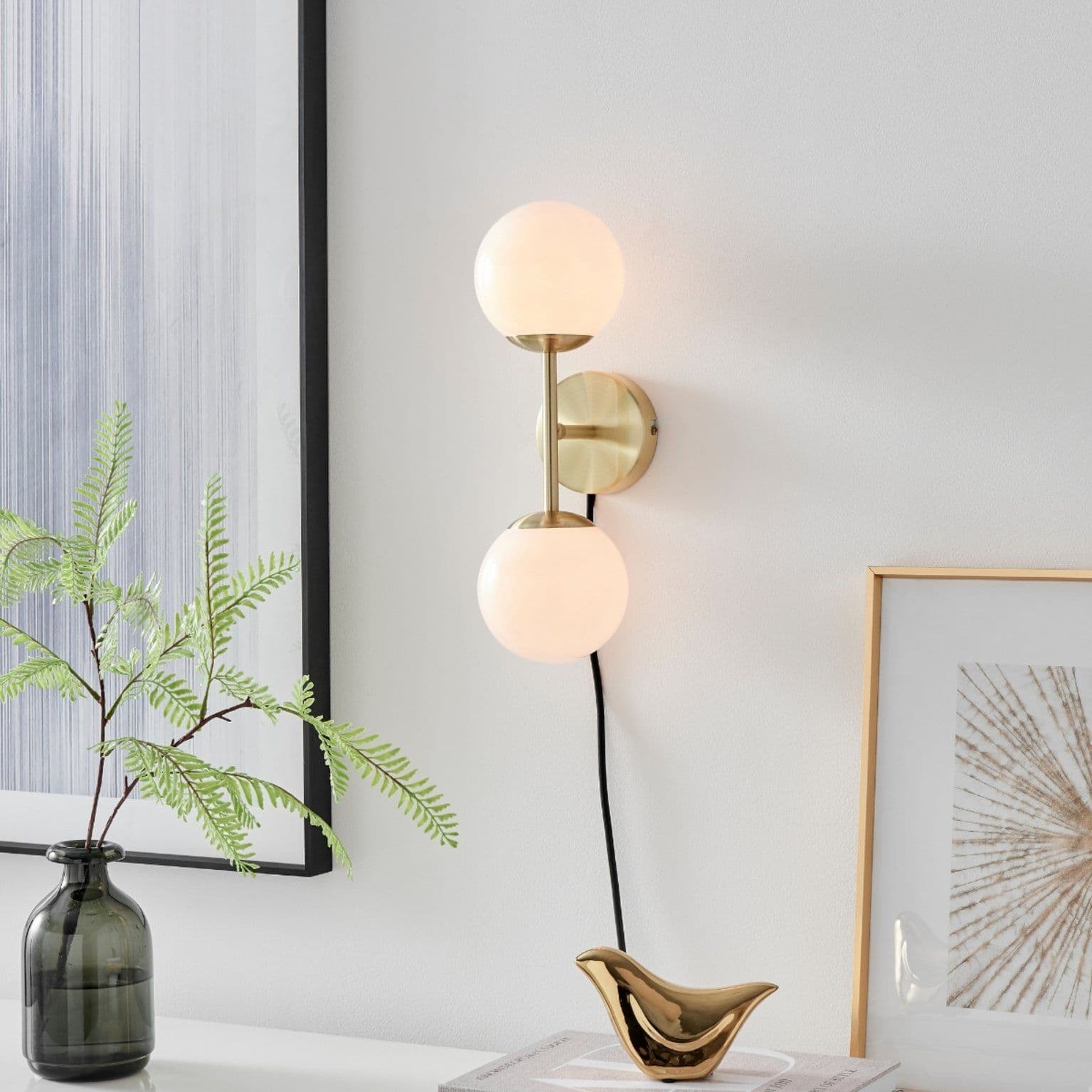 Martha Brushed Brass Art Deco Wall Light Opal Glass Globe Shades