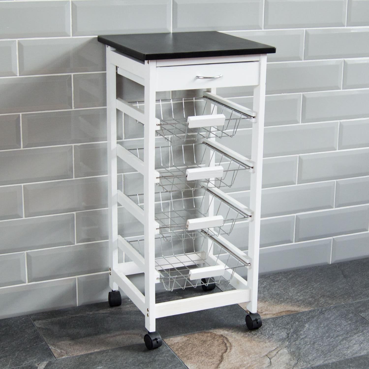 Chef Vida 4 Tier Wooden Kitchen Trolley Wheel Cart Storage