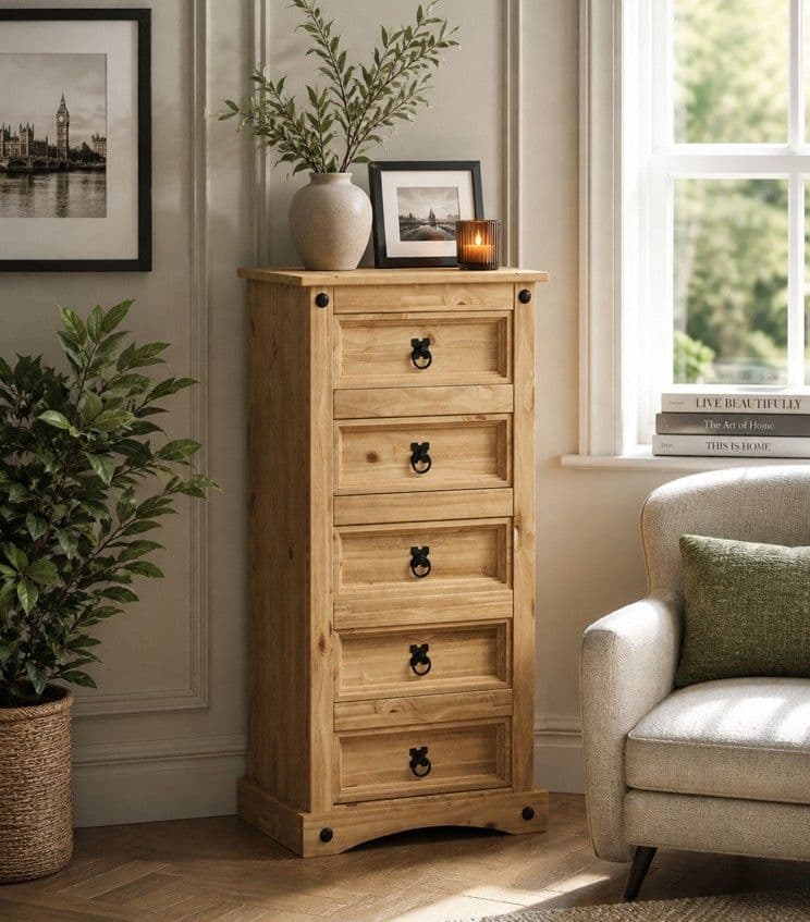 Vida Designs Corona 5 Drawer Narrow Chest Storage Bedroom Furniture