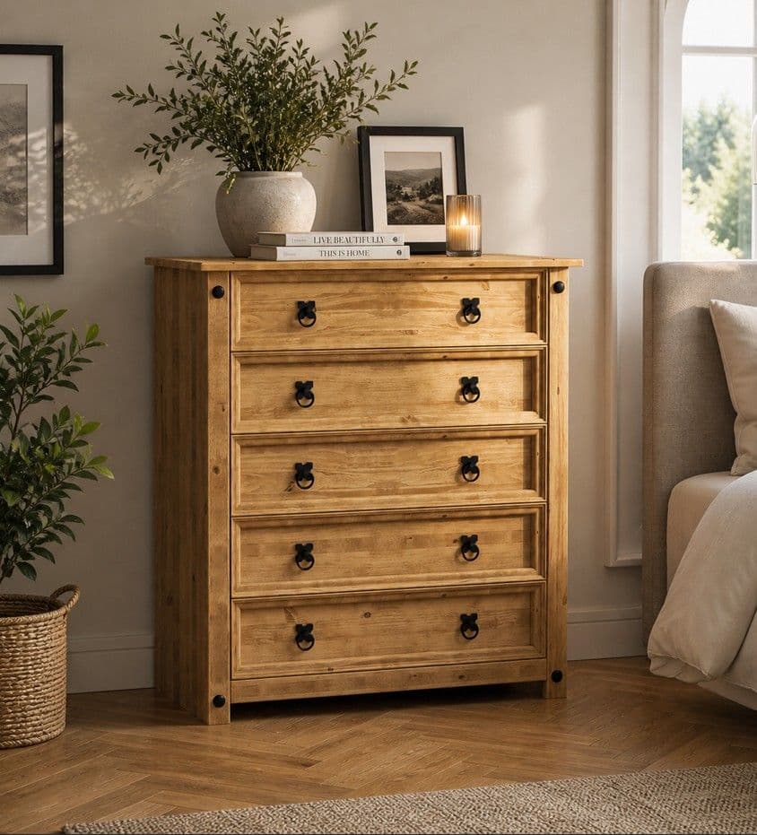 Vida Designs Corona Rustic 5 Drawer Chest Storage Bedroom Furniture