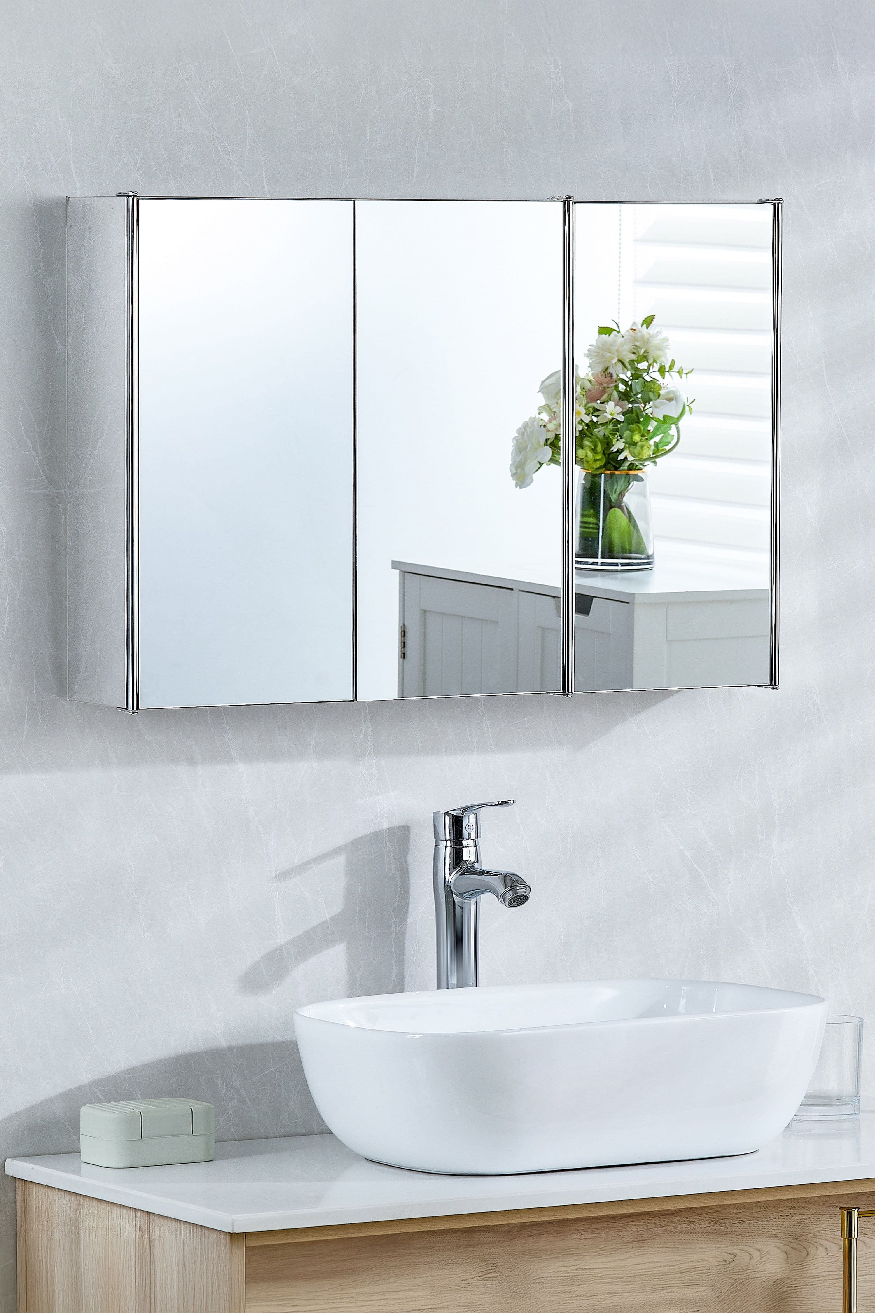 Bath Vida Tiano Stainless Steel Mirrored Triple Door Wall Cabinet Bathroom Storage 450 x 680 x 130 mm