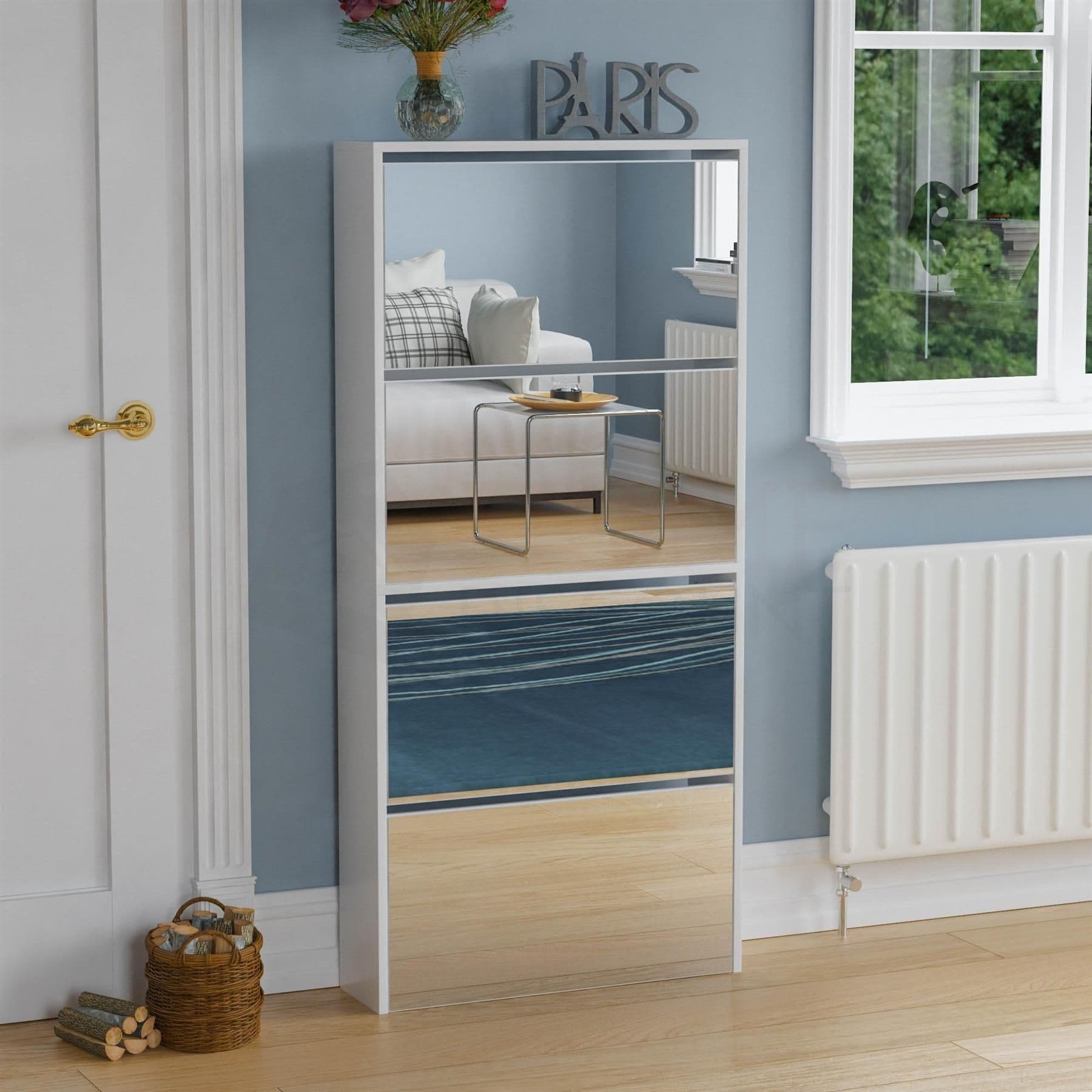 Vida Designs 4 Drawer Mirrored Shoe Cabinet Storage Organizer 1340 x 620 x 165 mm