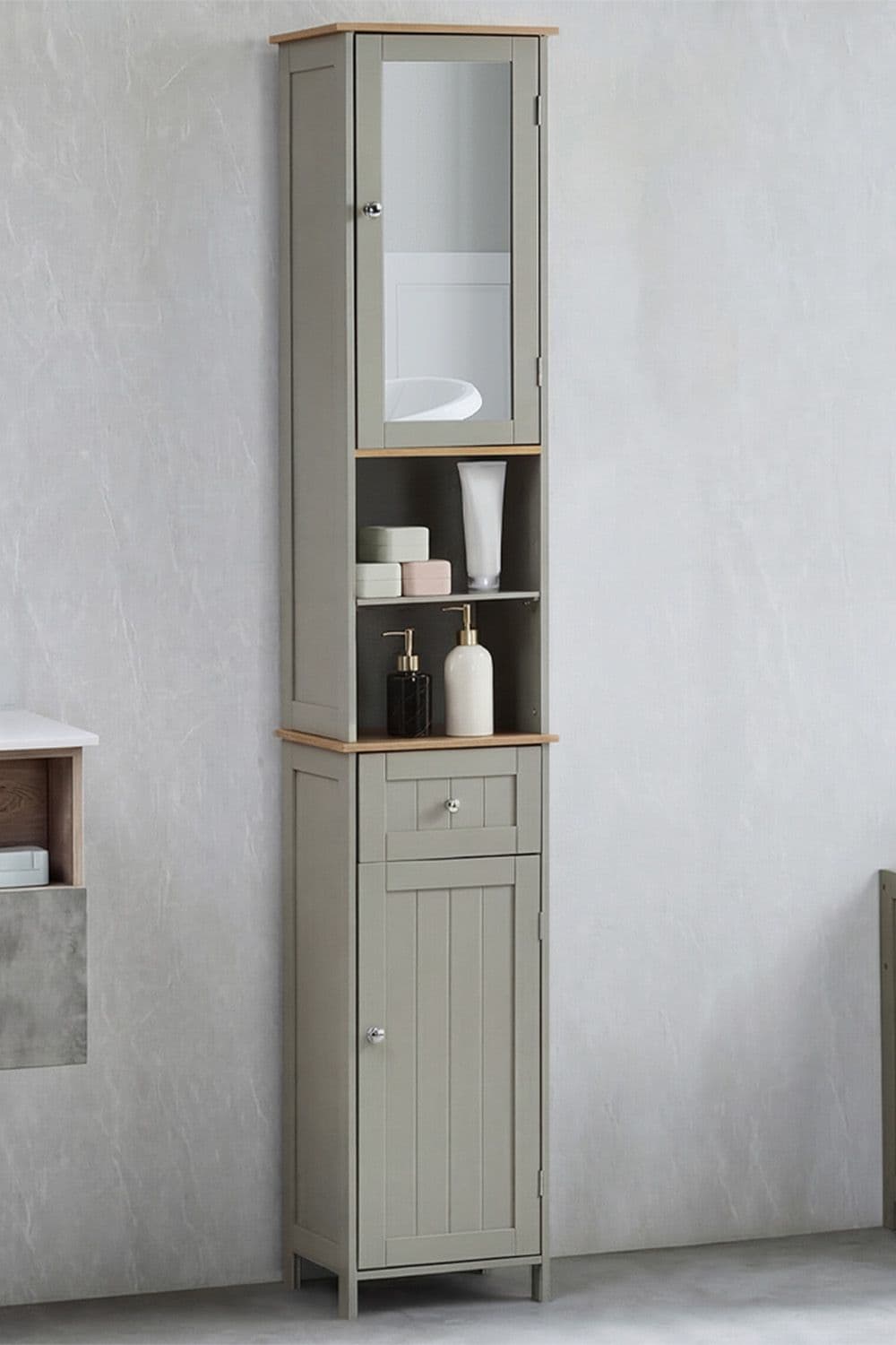 Bath Vida Priano Mirrored 2 Door 1 Drawer Shelves Tall Cabinet Bathroom Storage 1900 x 400 x 300 mm