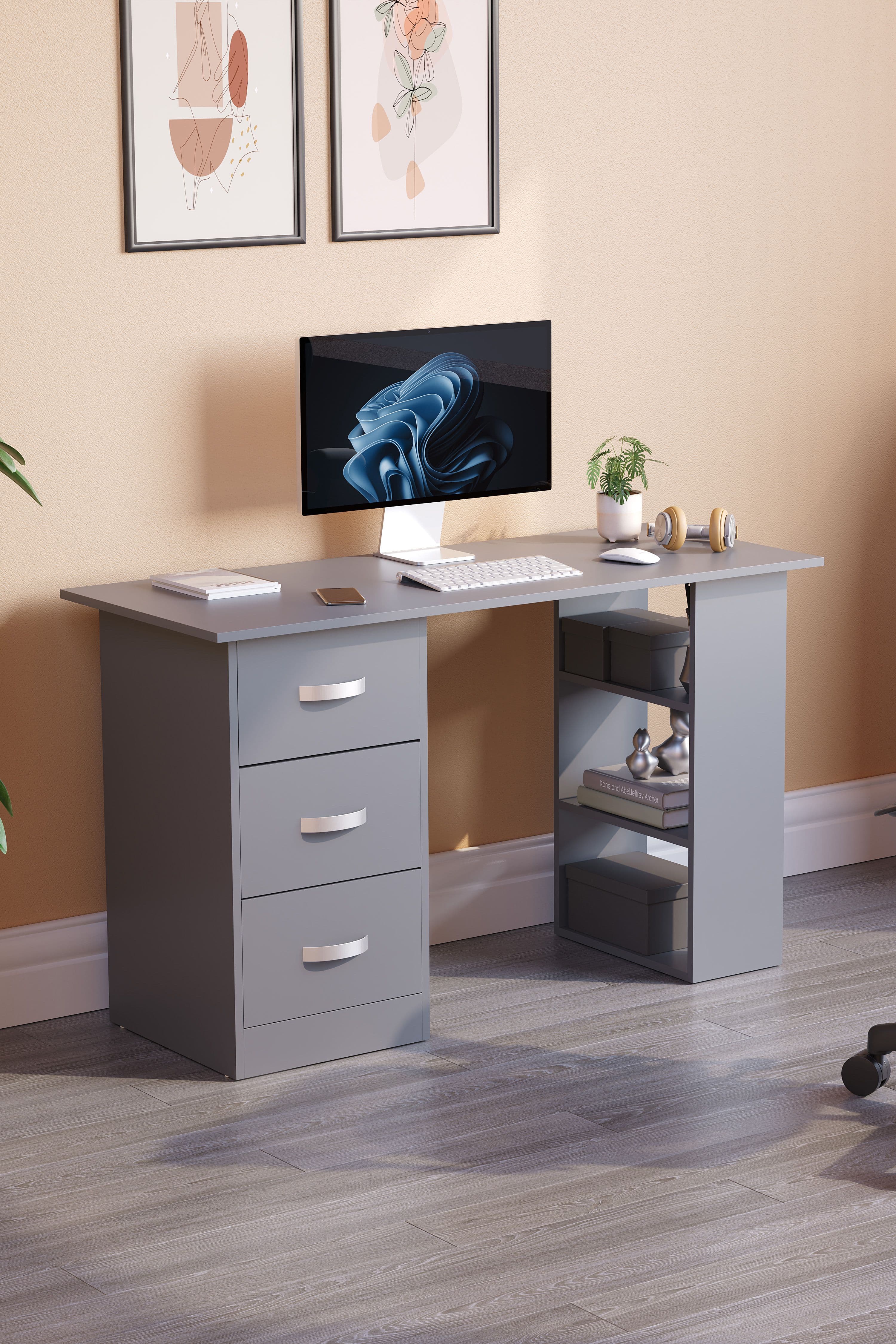 Vida Designs Mason 3 Drawer 3 Shelves Computer Desk Storage Office Study Gaming Table