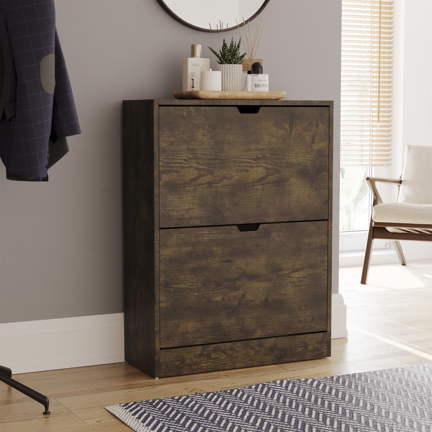 Vida Designs 2 Drawer Shoe Cabinet Storage Organizer Dark Wood 800 x 600 x 240 mm