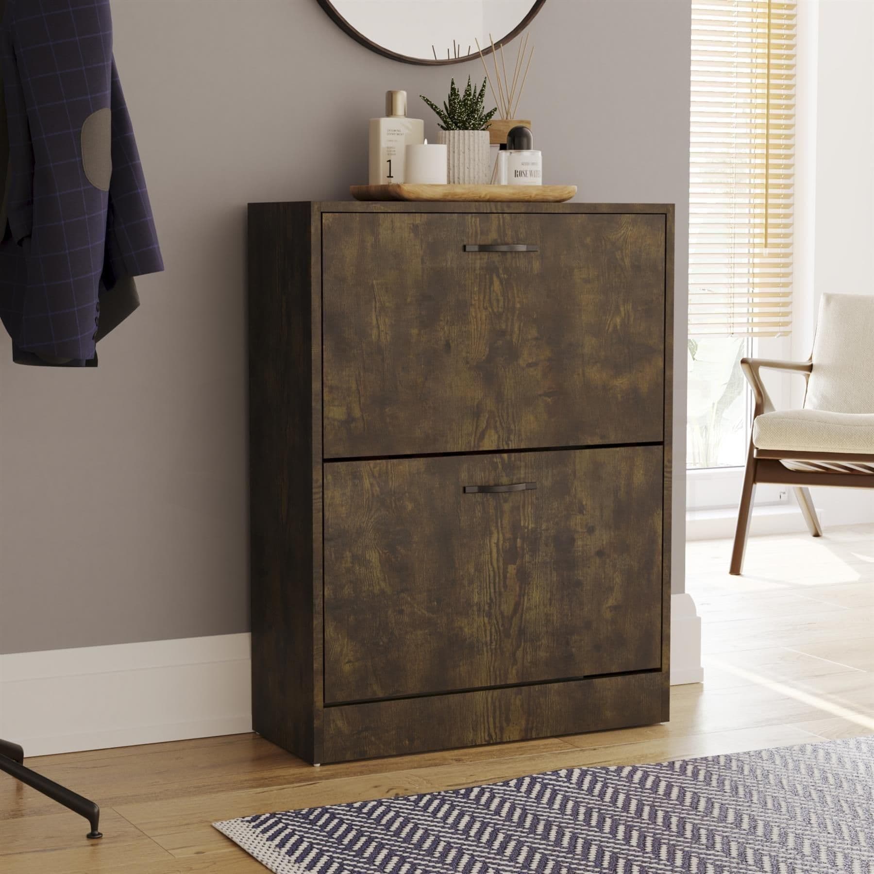 Vida Designs 2 Drawer Shoe Cabinet Dark Wood Storage Organizer 800 x 600 x 240 mm