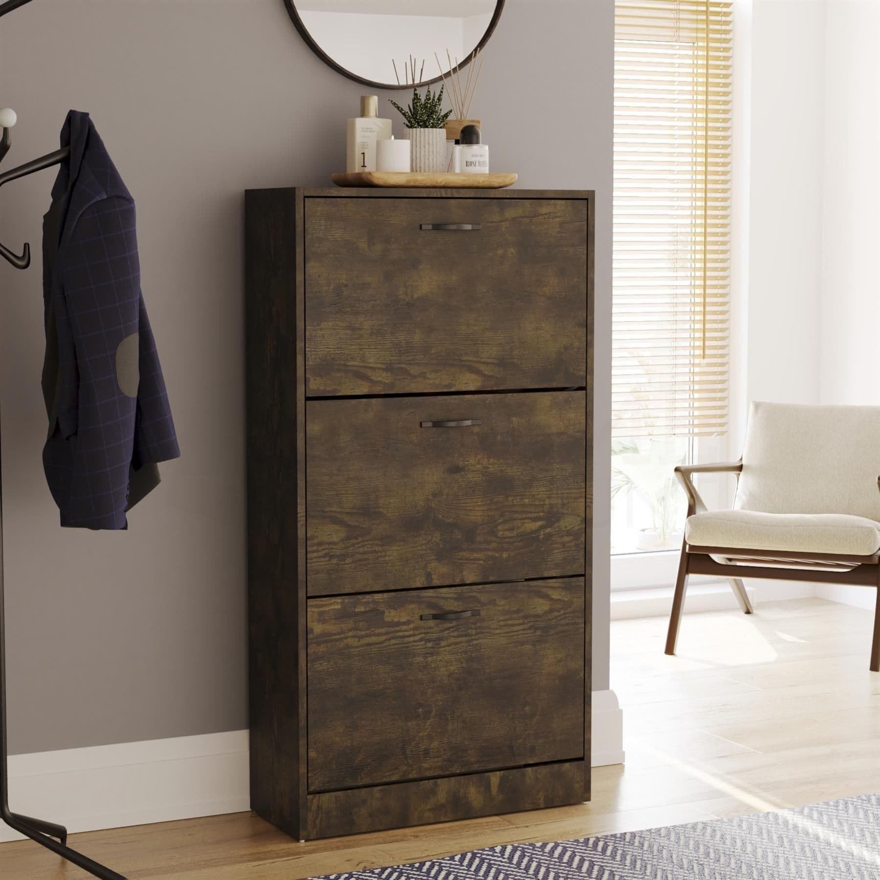Vida Designs 3 Drawer Shoe Cabinet Storage Organizer Dark Wood 1180 x 600 x 240 mm