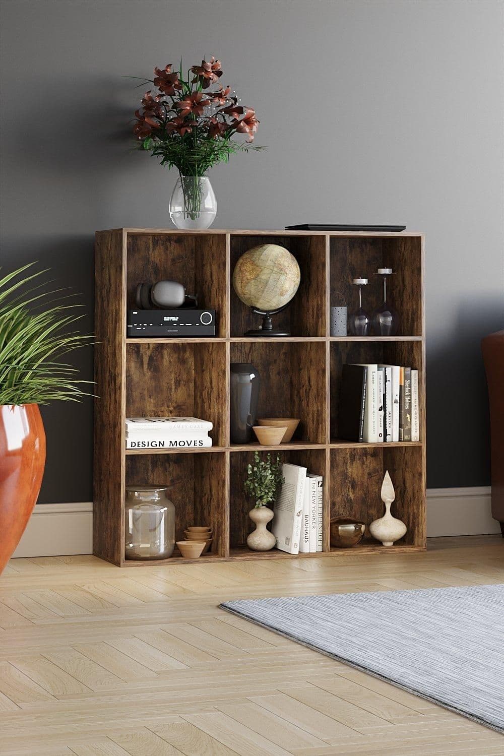 Vida Designs Durham 3x3 Cube Storage Unit Bookcase MDF Dark Wood 965 x 965 x 290 mm